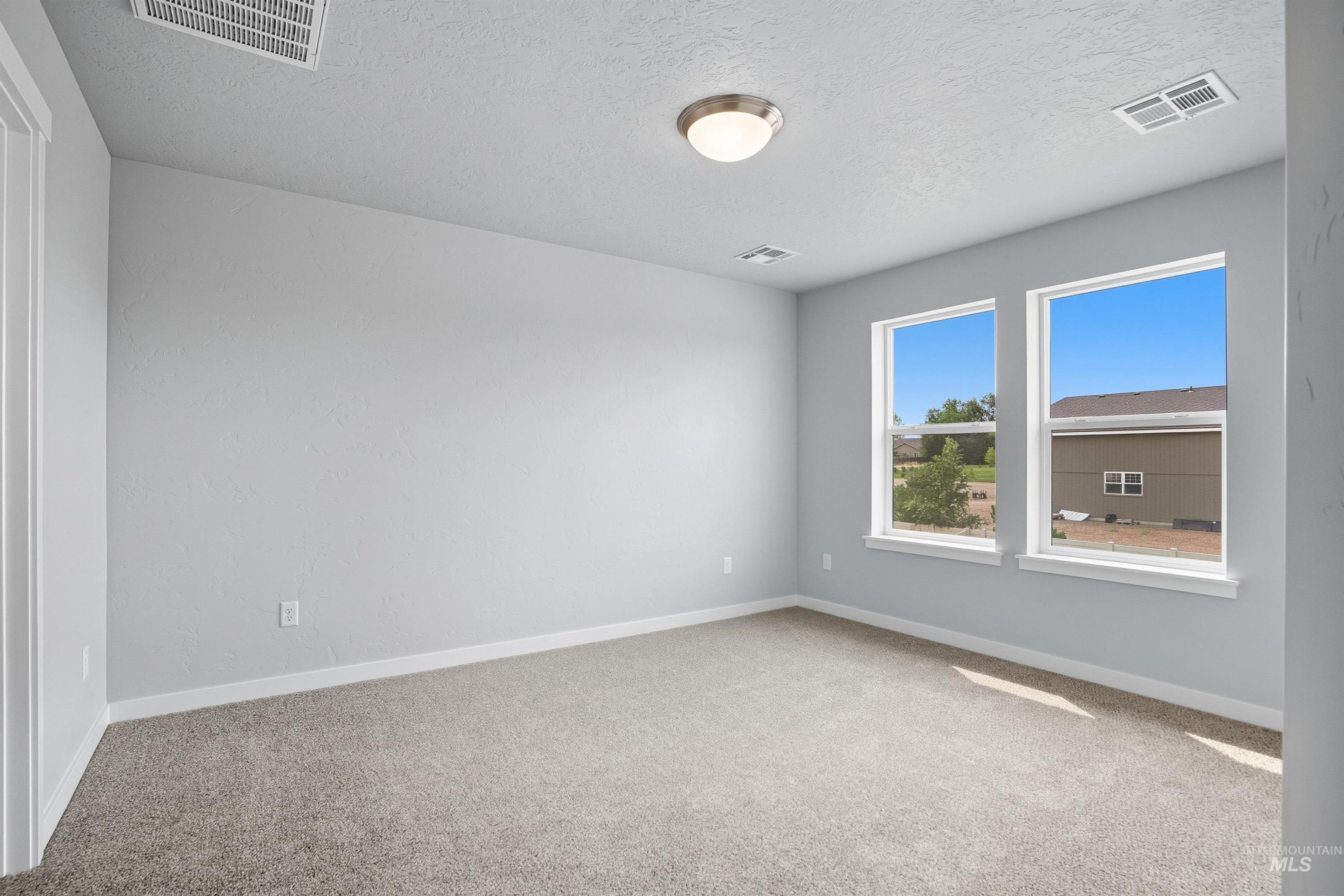 Carpeted room featuring two large windows, a flush-mount ceiling light fixture, and light gray walls