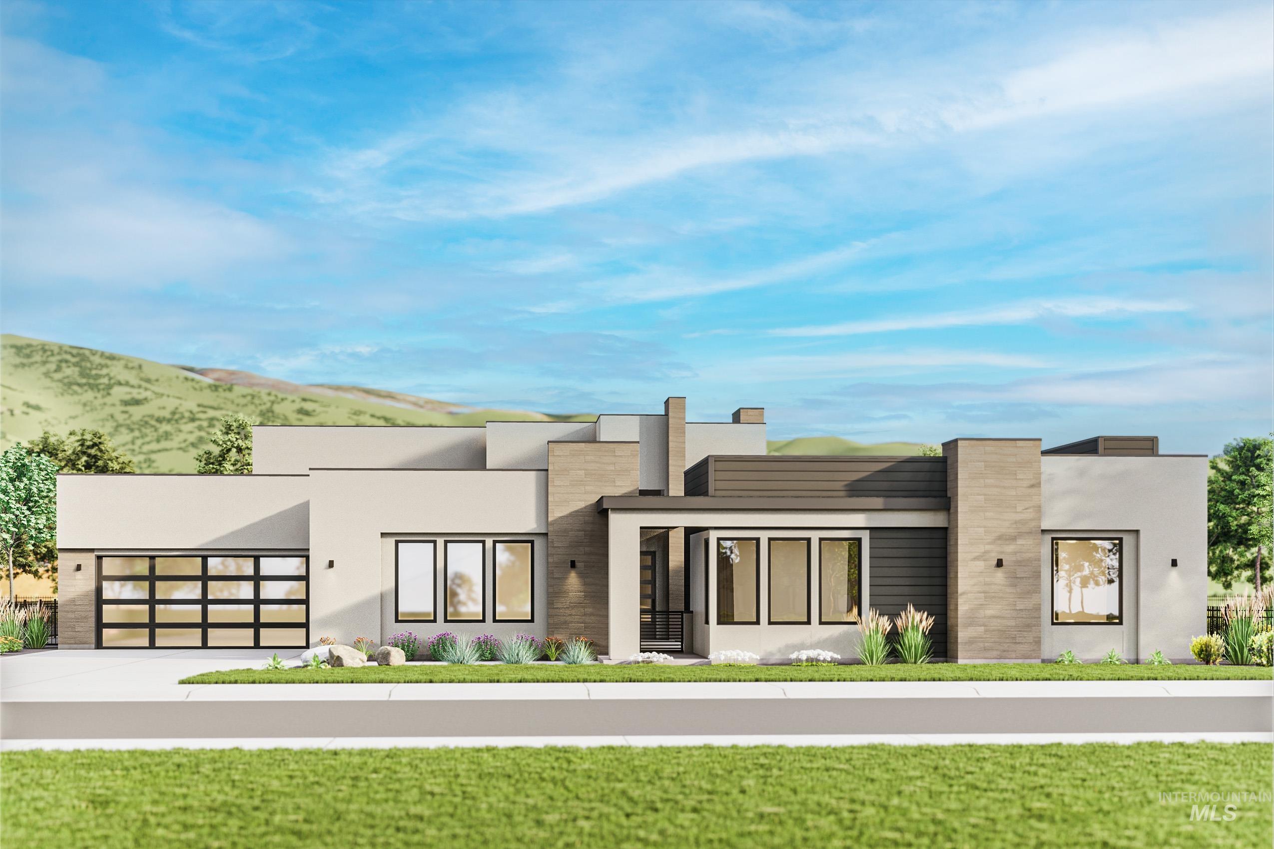 Contemporary home with a front yard, concrete driveway, stucco siding, and a garage