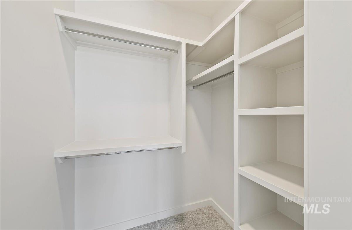 Walk in closet with light colored carpet