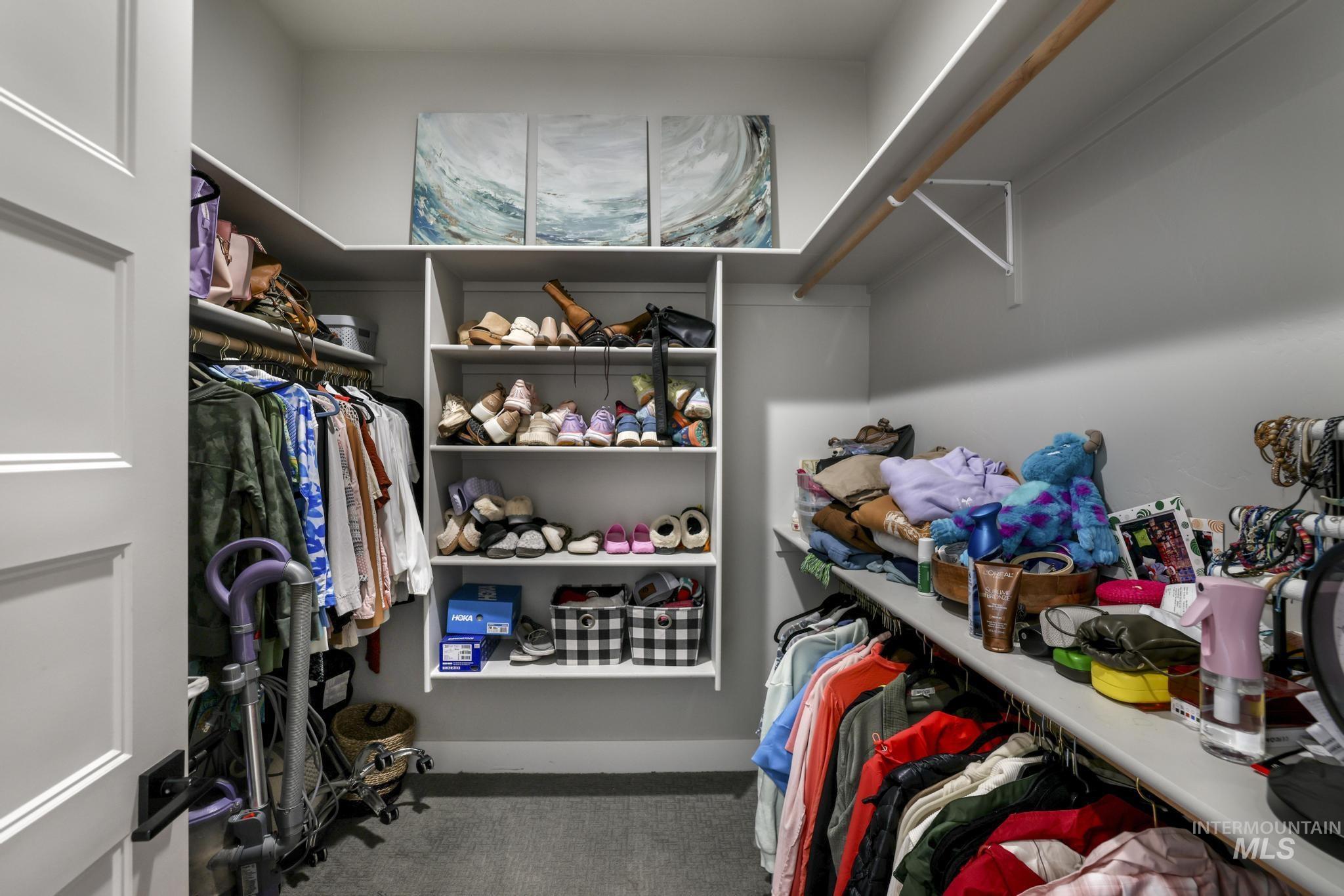Spacious closet featuring dark colored carpet