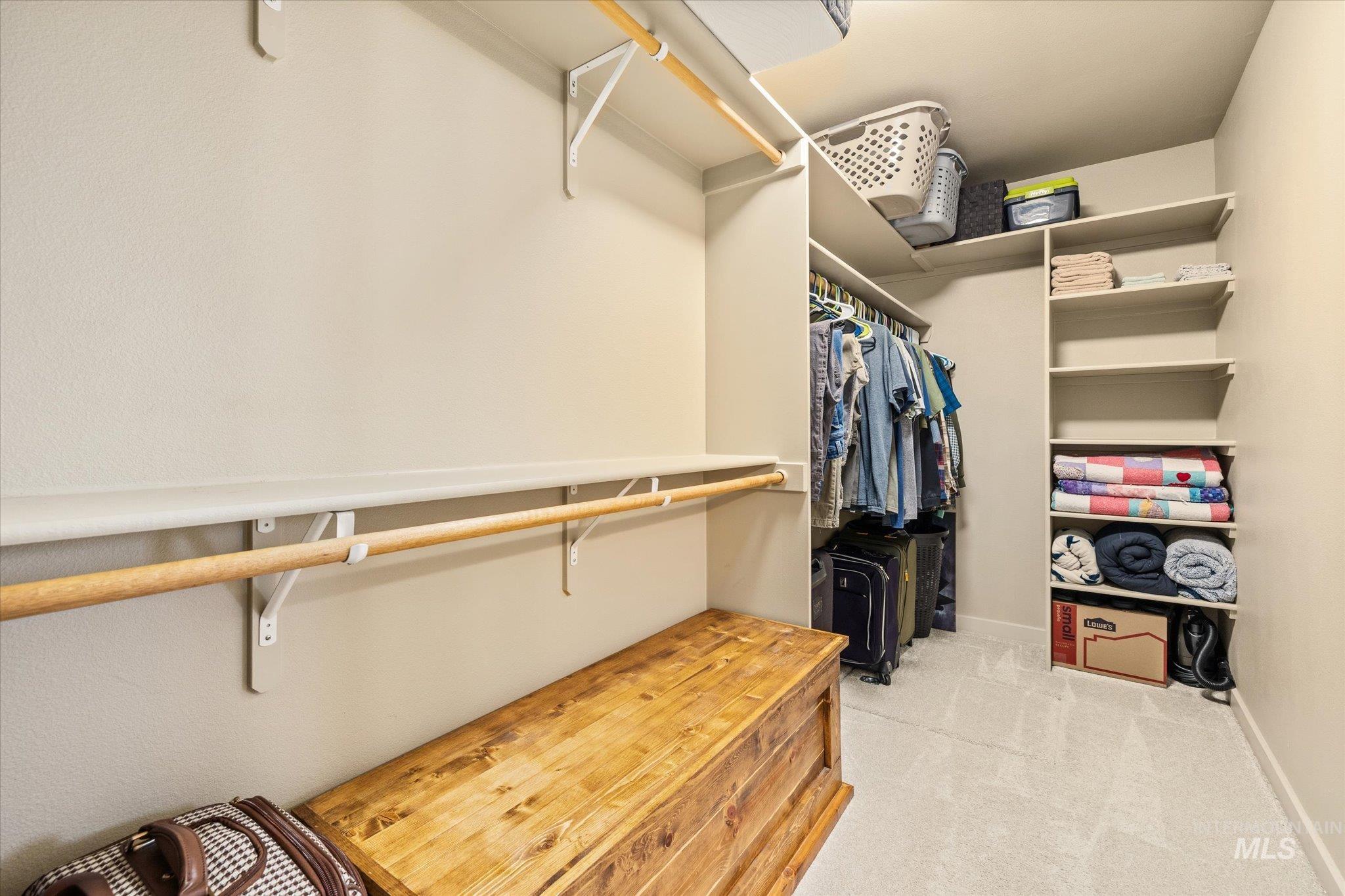 Walk in closet with light colored carpet