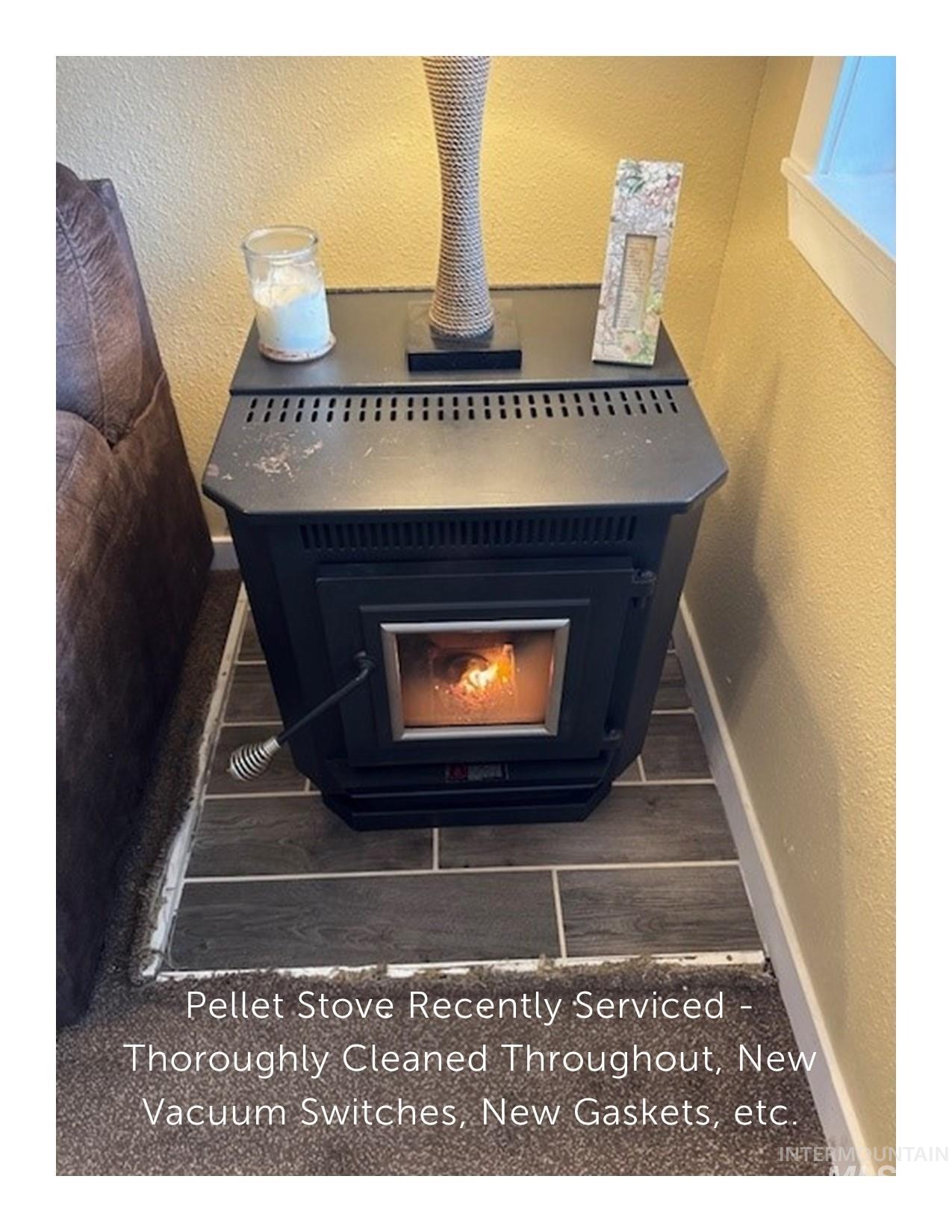 Cozy Pellet Stove (Located in the Living Room) has been recently services with all new gaskets, thoroughly cleaned throughout the unit, new vacuum switches, etc.  New Tile Flooring Pad for Pellet stove.