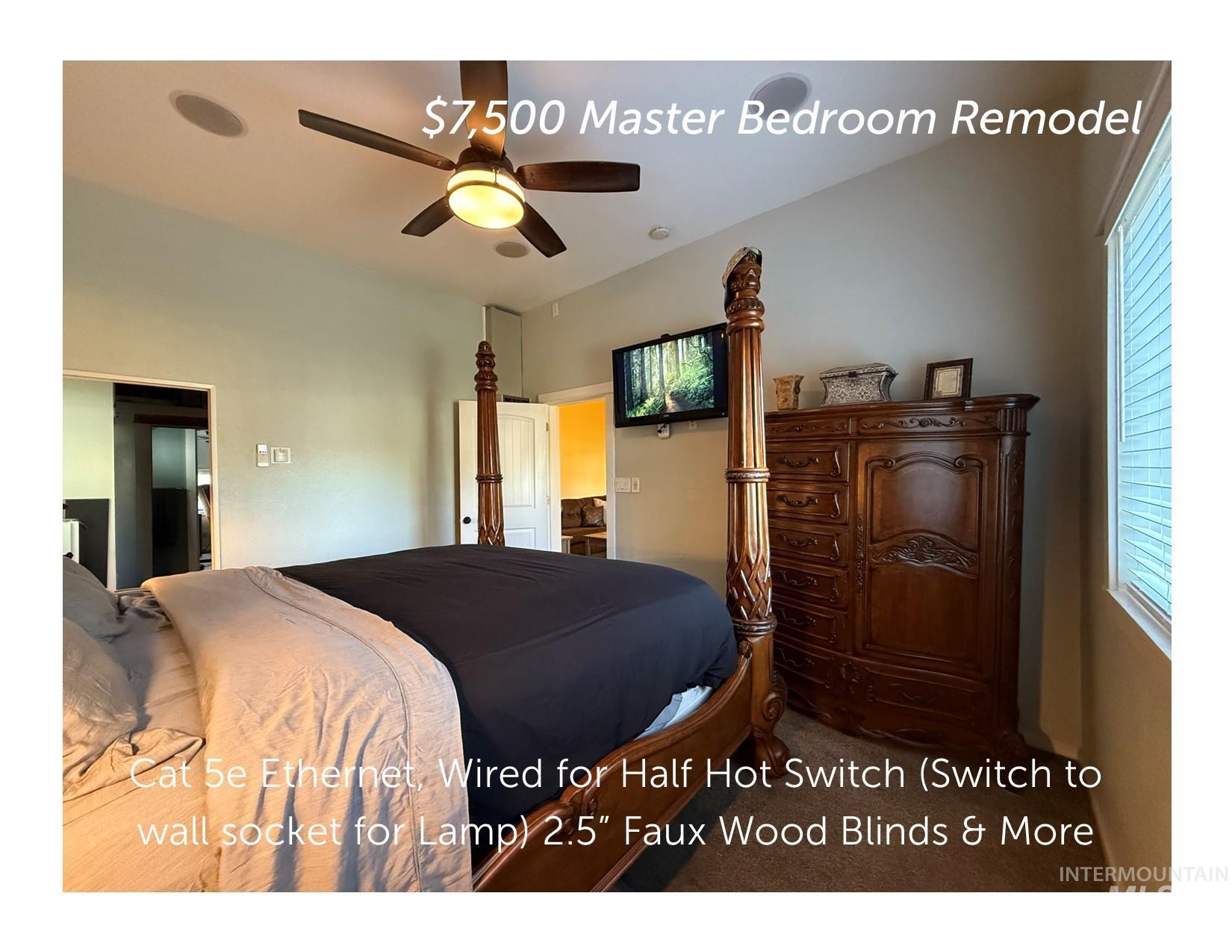 $7,500 Master Bedroom Remodel - NEW CARPET AND PAD WILL BE INSTALLED DURING 14 DAY SELLER LEASE BACK), Surround Sound, Ceiling Fan, Wired for Half Hot (switched plug), Raised Panel Doors, Dual Pane Window, 2.5 Inch Faux Wood Blinds, Freshly Painted & More
