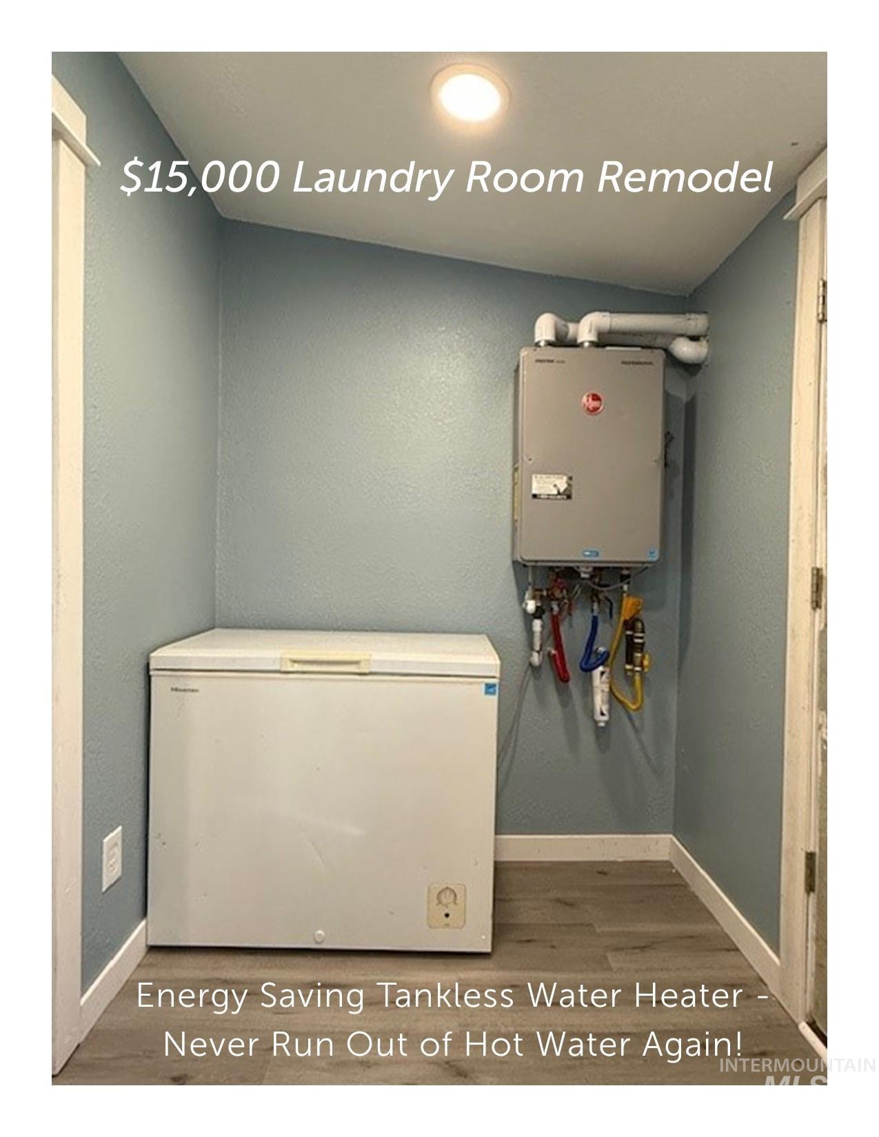 $15,000 Laundry Room Remodel - Energy Saving Tankless Water Heater - Never Ending Hot Water, Gas & Electrical Connections for Clothes Dryer, Freshly Painted, LVP Flooring, New Cabinetry with Upgraded Hardware, Low-E Window, Ethernet Panel & More.