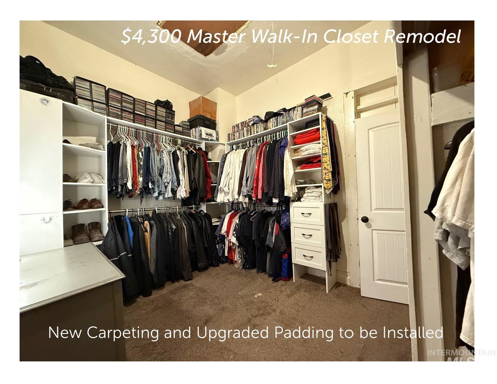 $4,300 Master Bedroom Walk-In Closet Remodel - Closetmaid (California Closet style) Organizers, Attic Access Ladder, Energy Saving Dual Pane Window, New Carpet and Upgraded Padded (will be installed during 14 day seller lease back period)