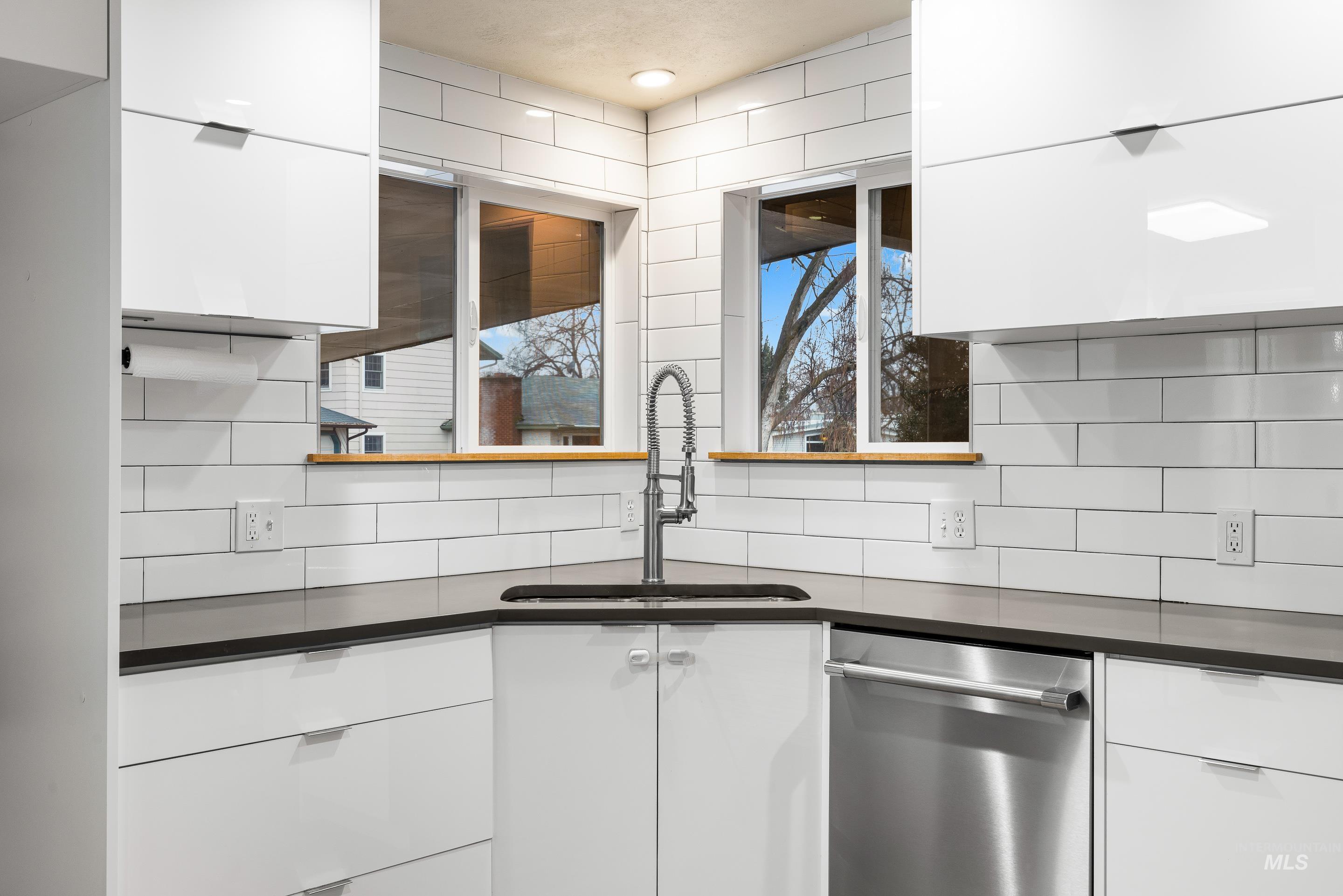 Kitchen with modern cabinets, white cabinets, dishwasher, and dark stone counters