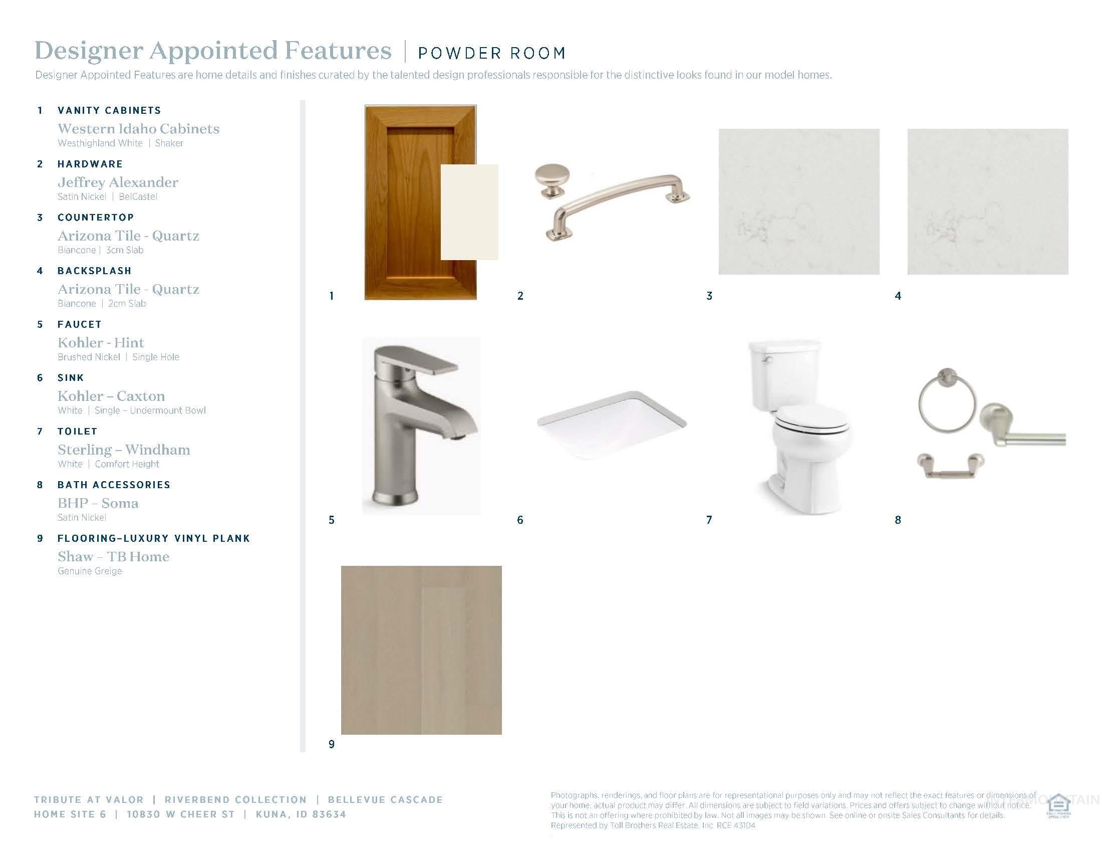 Designer Appointed Features, Powder Room. Listing specific materials and products selected for the property's powder room
