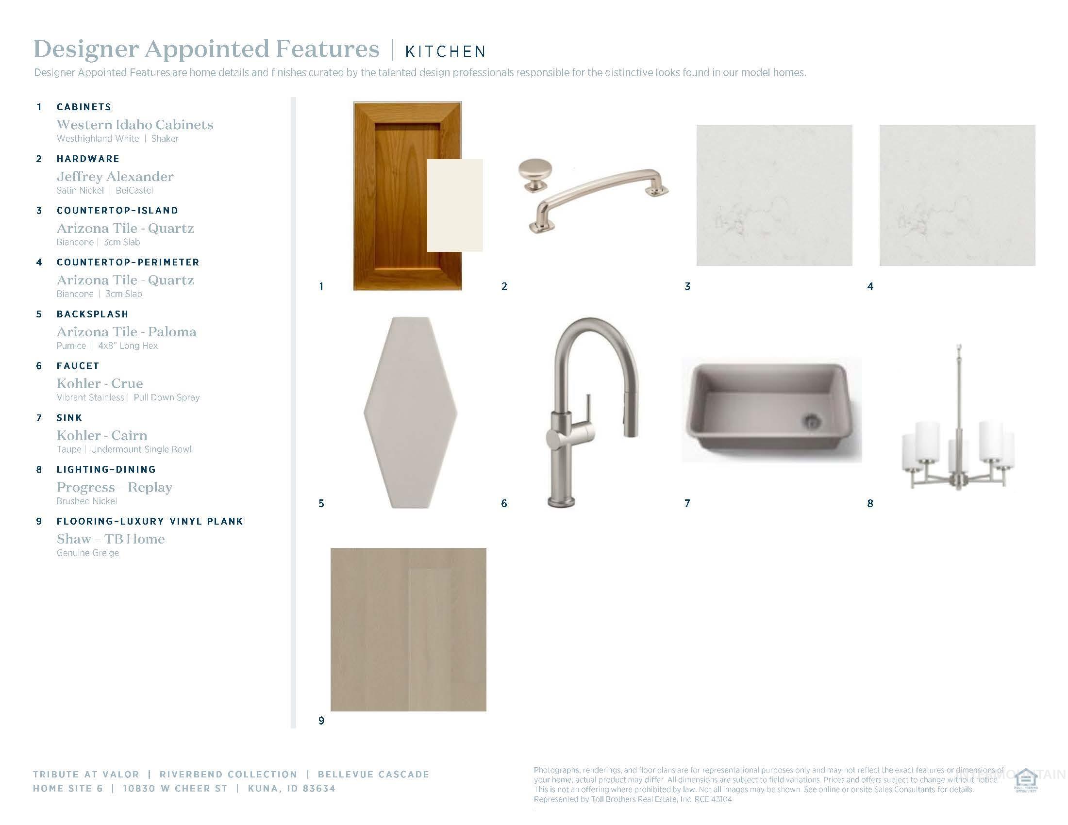 Designer Appointed Features, Kitchen. Detailing specific product selections for the property's kitchen