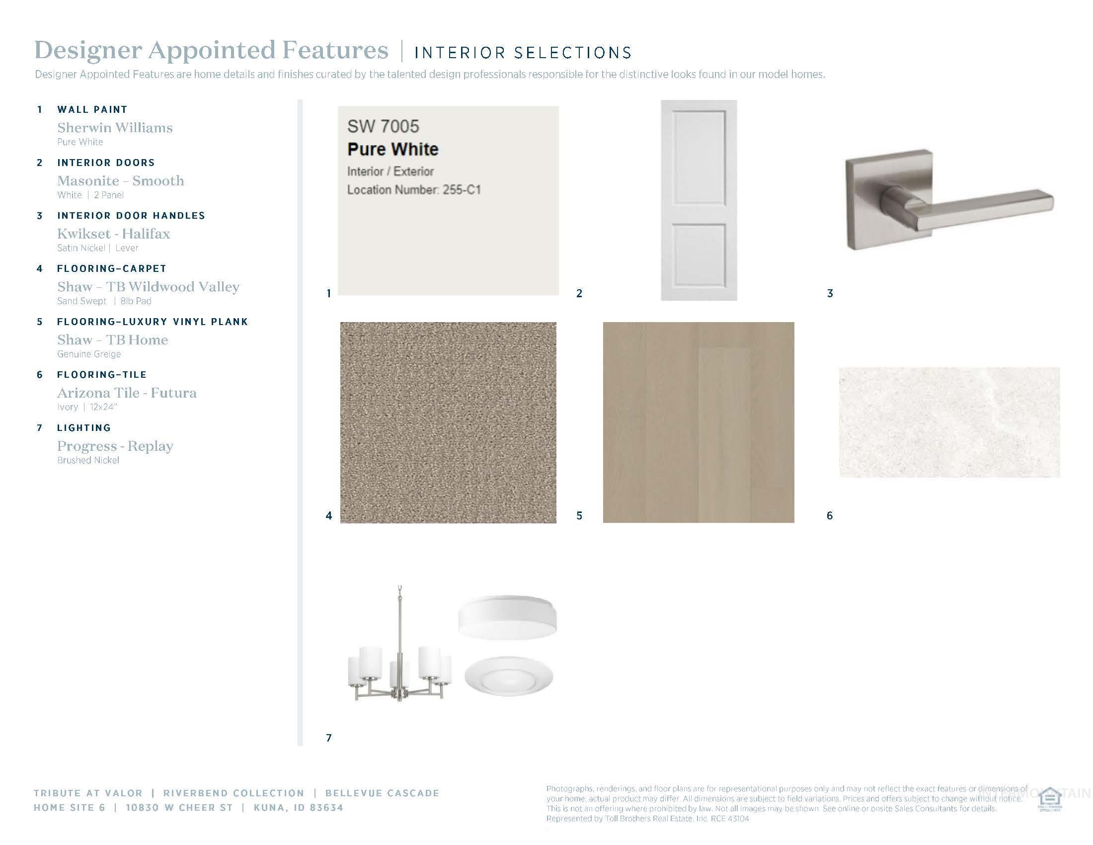 Designer Appointed Features, Interior Selections. Detailing the selected finishes and fixtures for the property