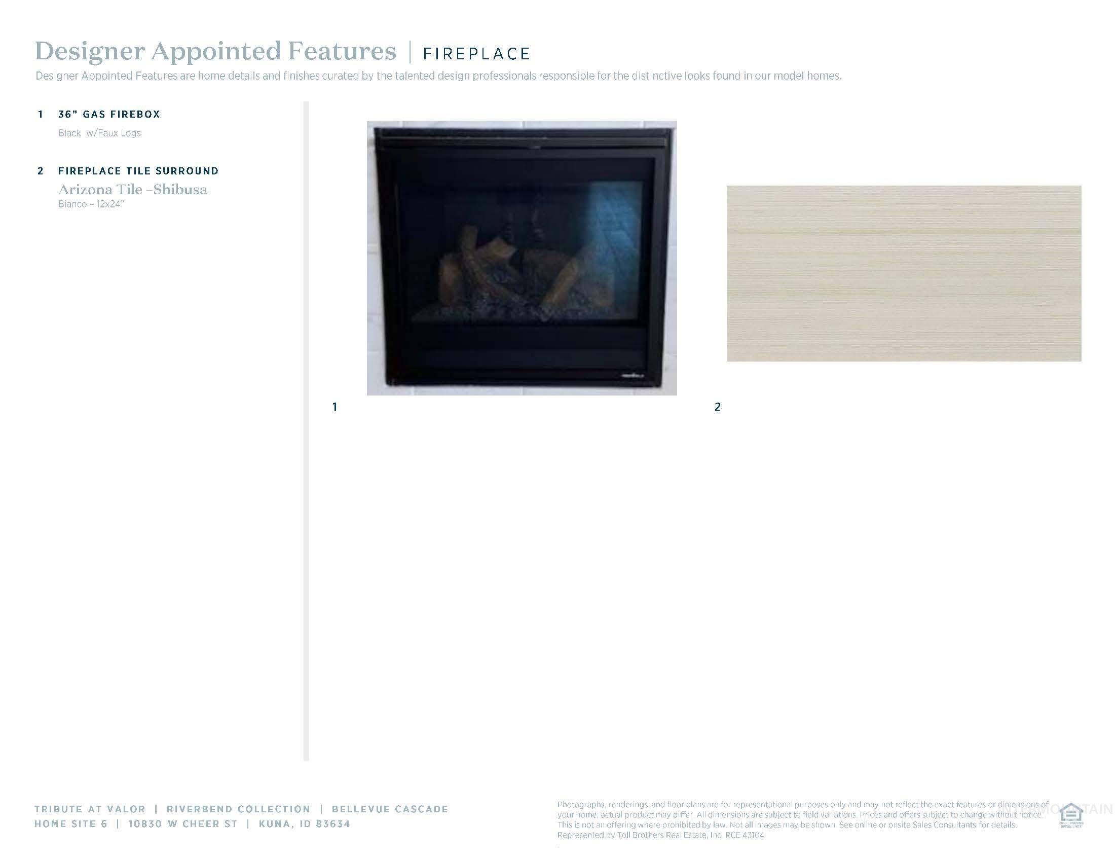 Designer Appointed Features, Fireplace. Detailing the gas firebox and surrounding tile specifications for the property