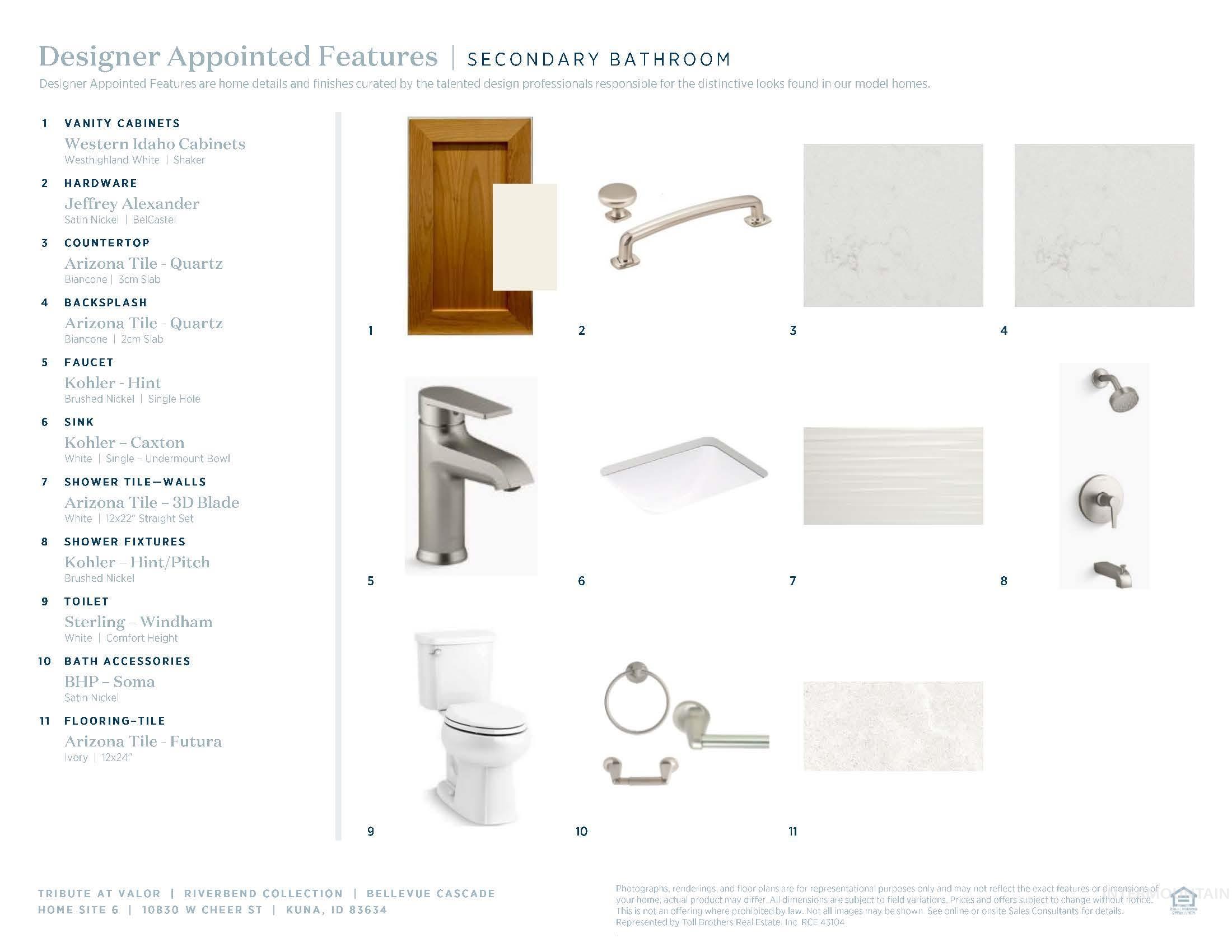 Designer Appointed Features. Detailing specific components and finishes for the secondary bathroom within the property