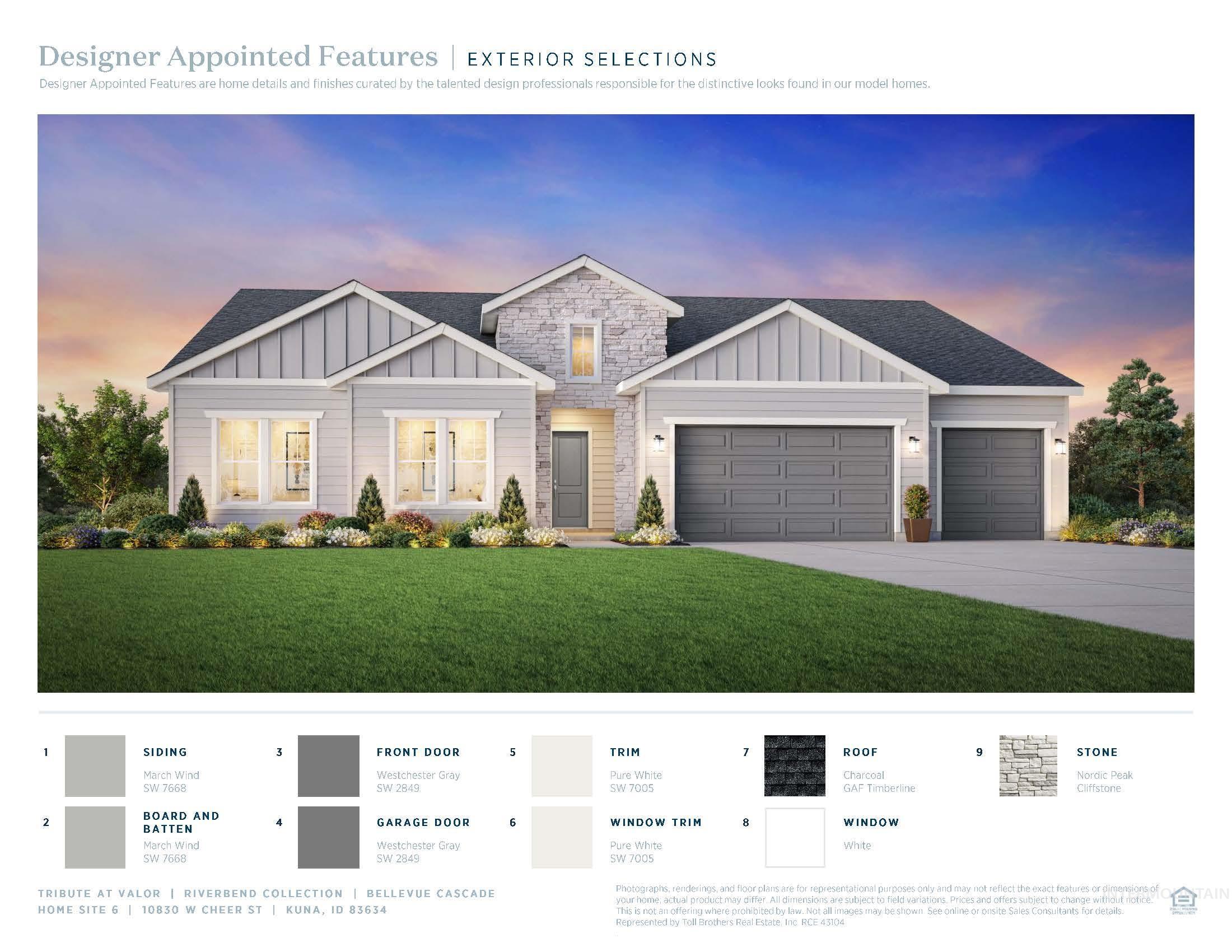 Contemporary facade featuring light grey siding, stone accents, and a dark asphalt shingle roof