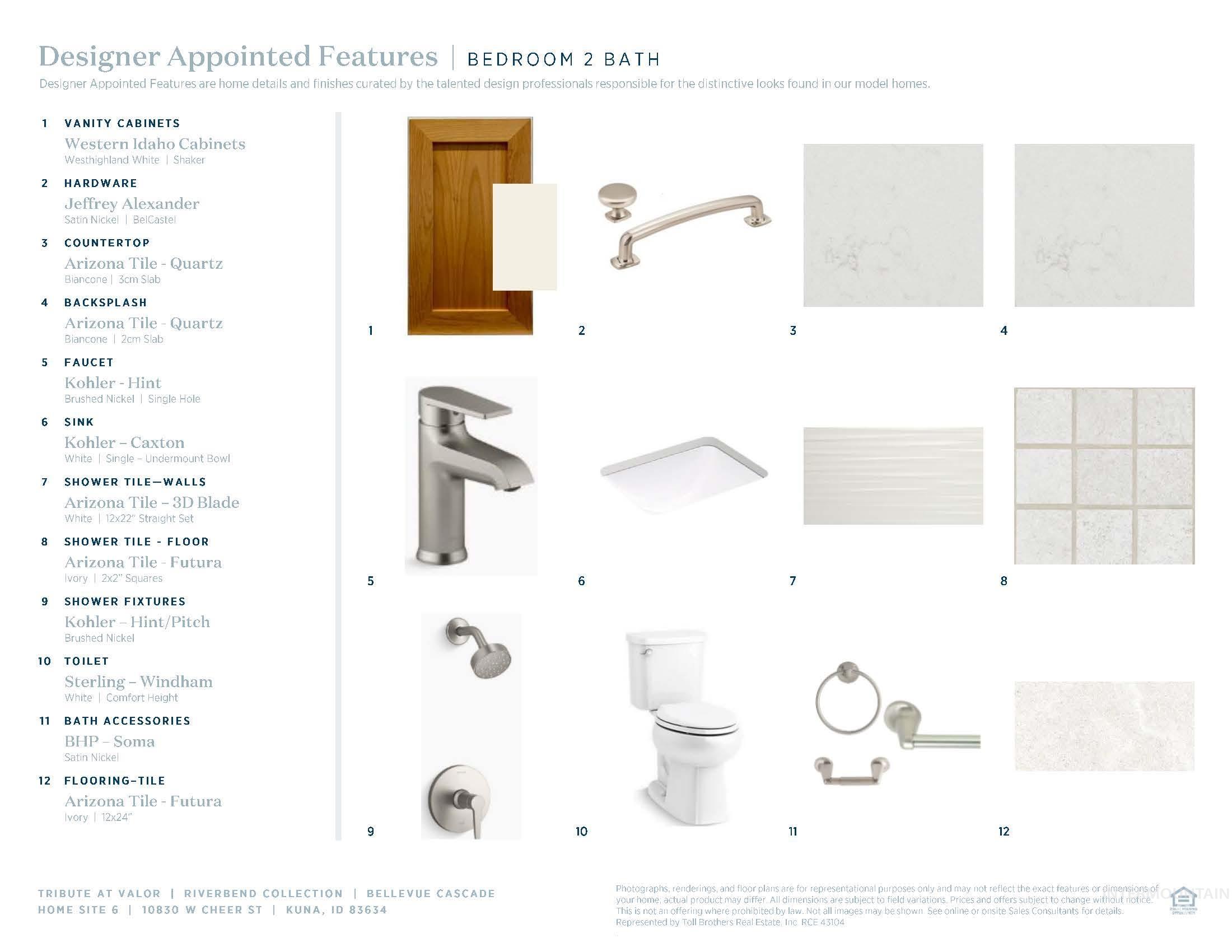 Designer Appointed Features, Bedroom 2 Bath. Outlining specified materials and fixtures for the property's bathroom