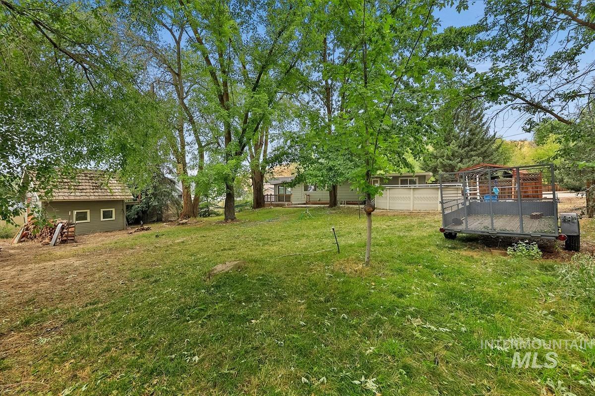 Expansive grass yard with mature trees and a detached outbuilding featuring a shingle roof