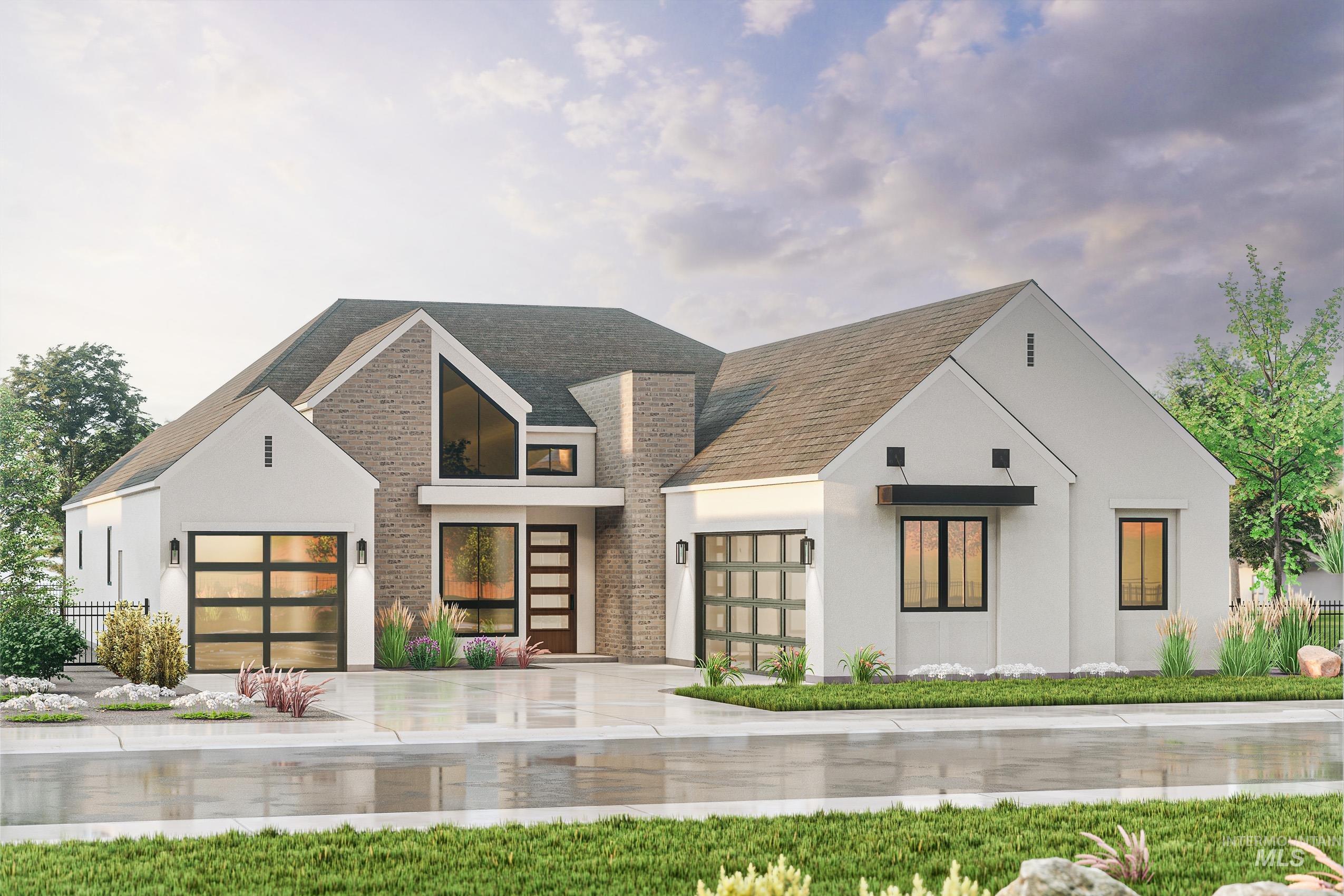Contemporary architectural style featuring a split-level design with a stone and stucco facade
