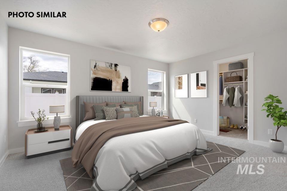 Carpeted bedroom with baseboards and a spacious closet