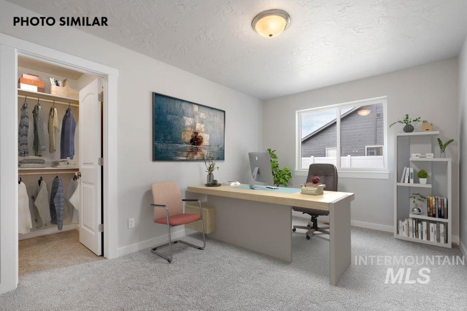 Office space featuring carpet flooring and a textured ceiling
