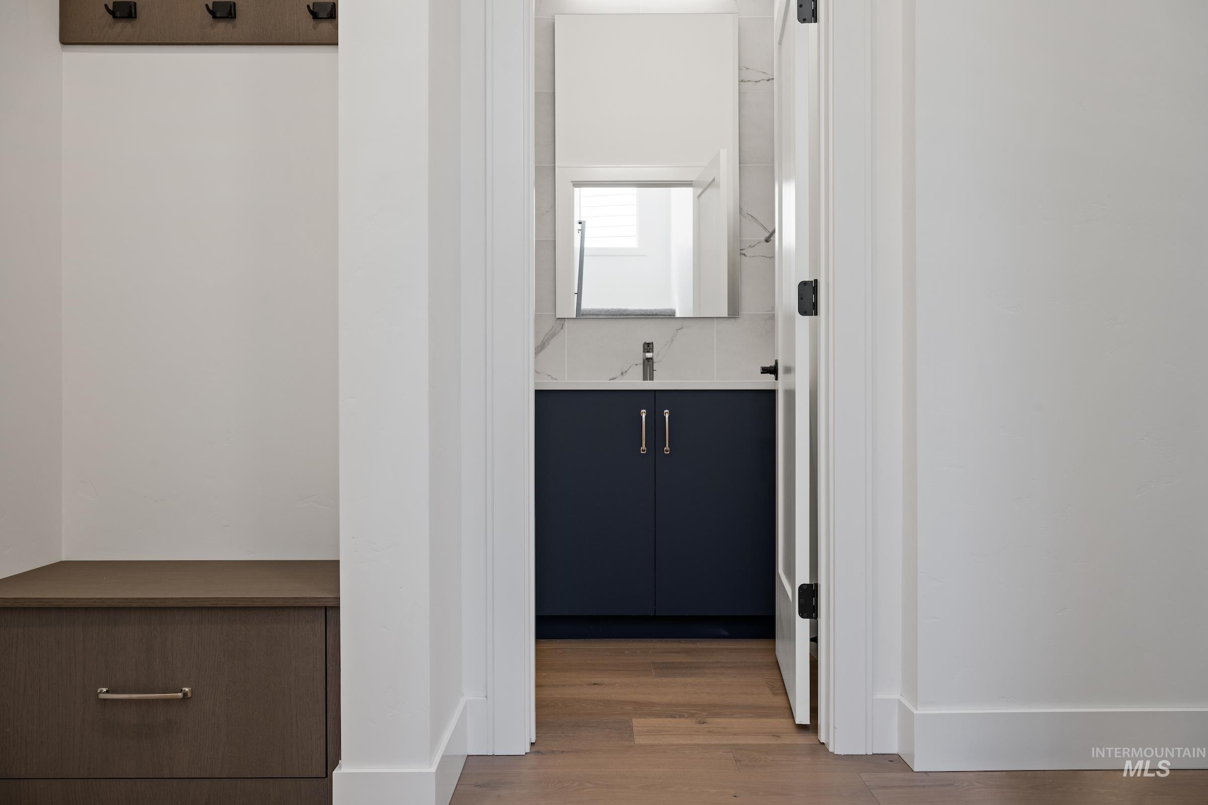 Bathroom featuring wood finished floors and vanity