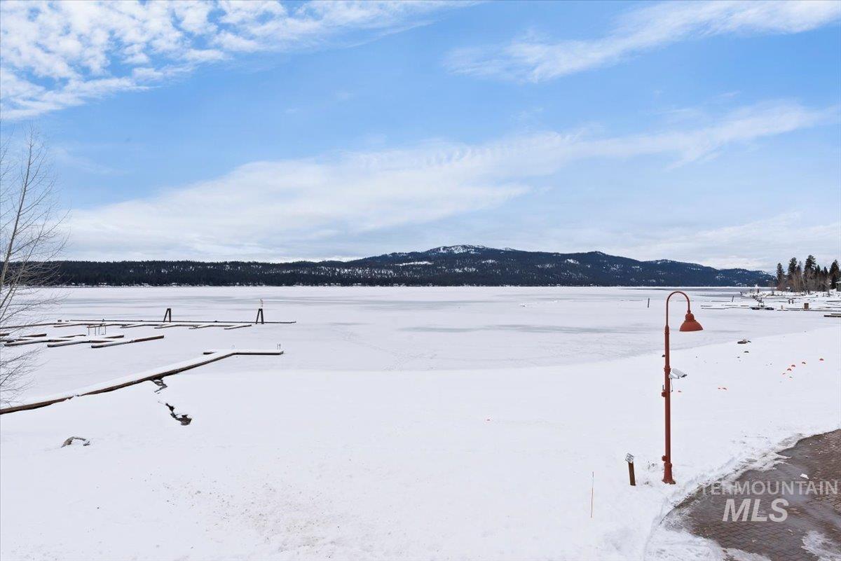 Yard covered in snow with a mountain view