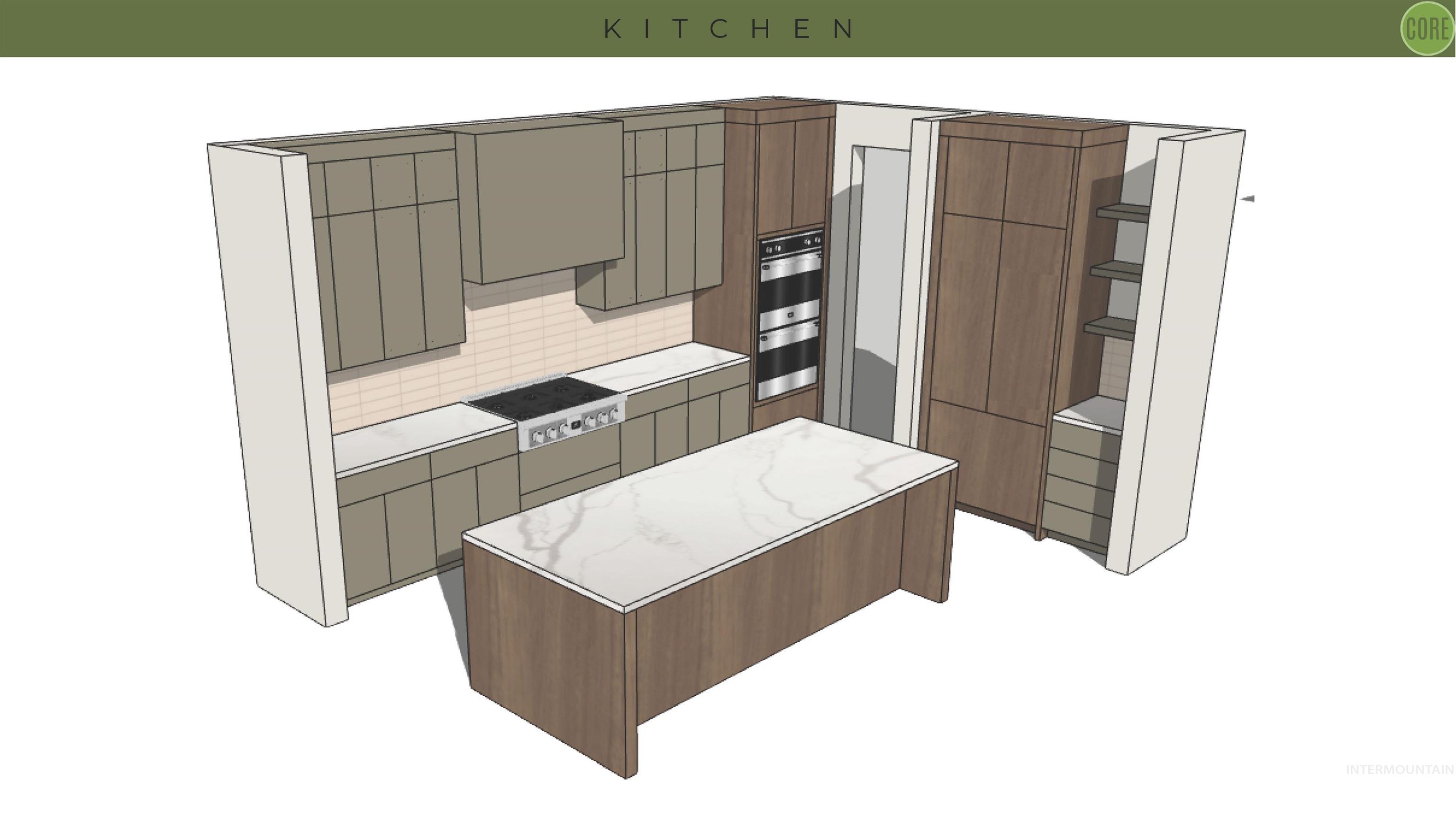 Kitchen with modern cabinets, white gas stovetop, stainless steel double oven, and a center island