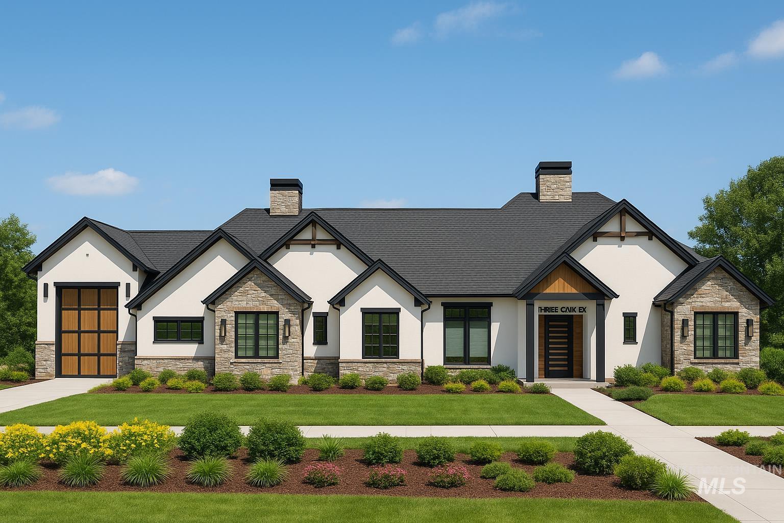 View of front facade featuring a chimney, stone siding, stucco siding, and a front lawn