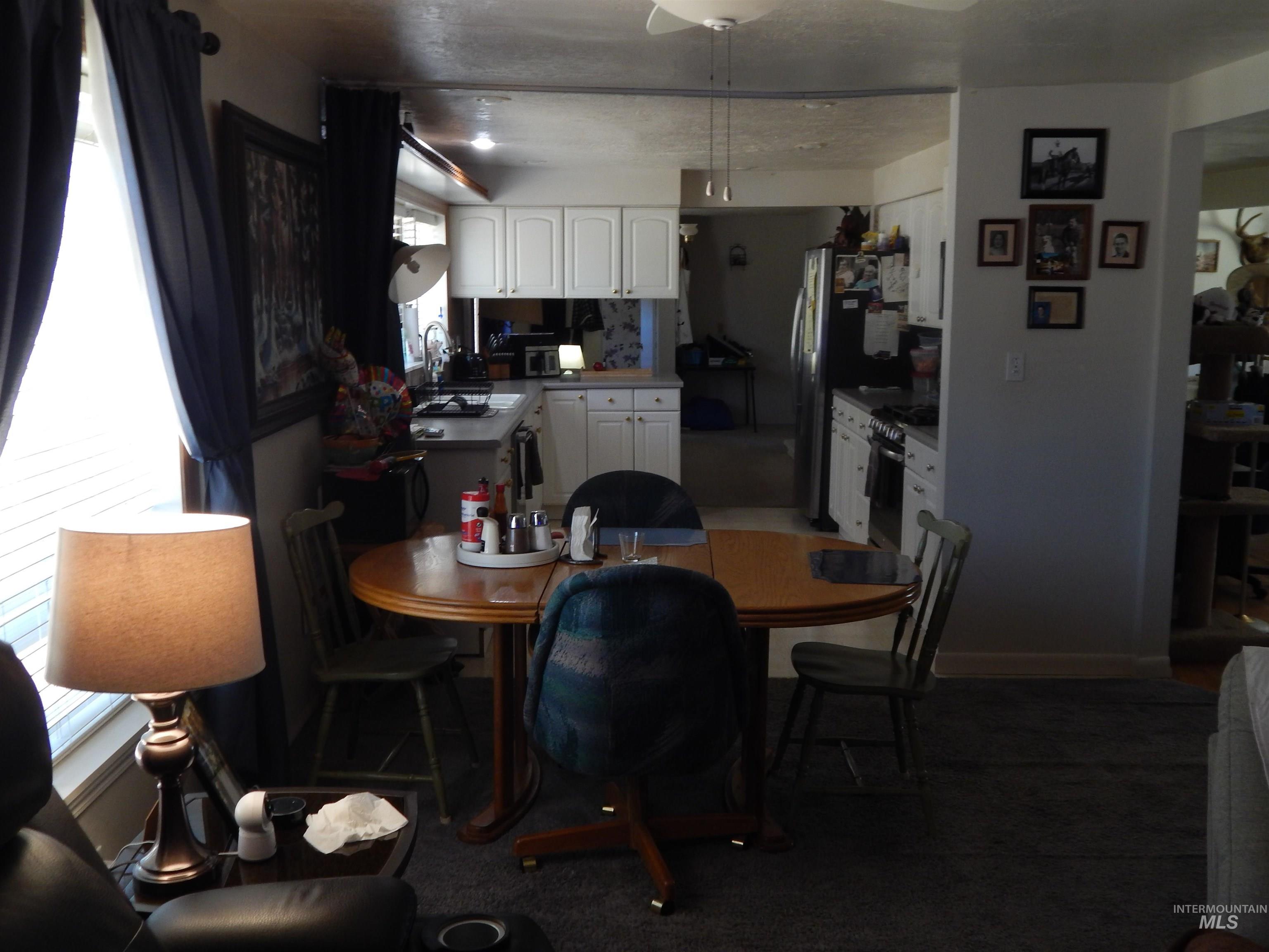 Carpeted dining space with a sink