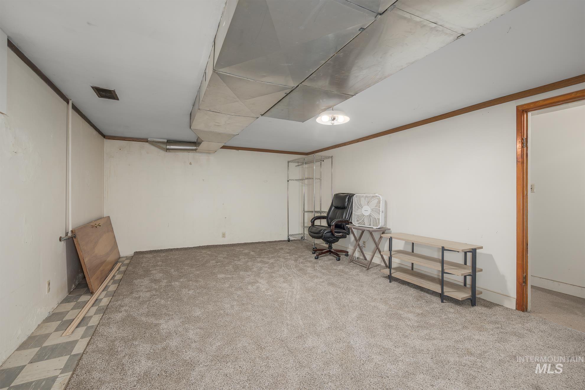 Unfurnished room featuring ornamental molding and carpet flooring