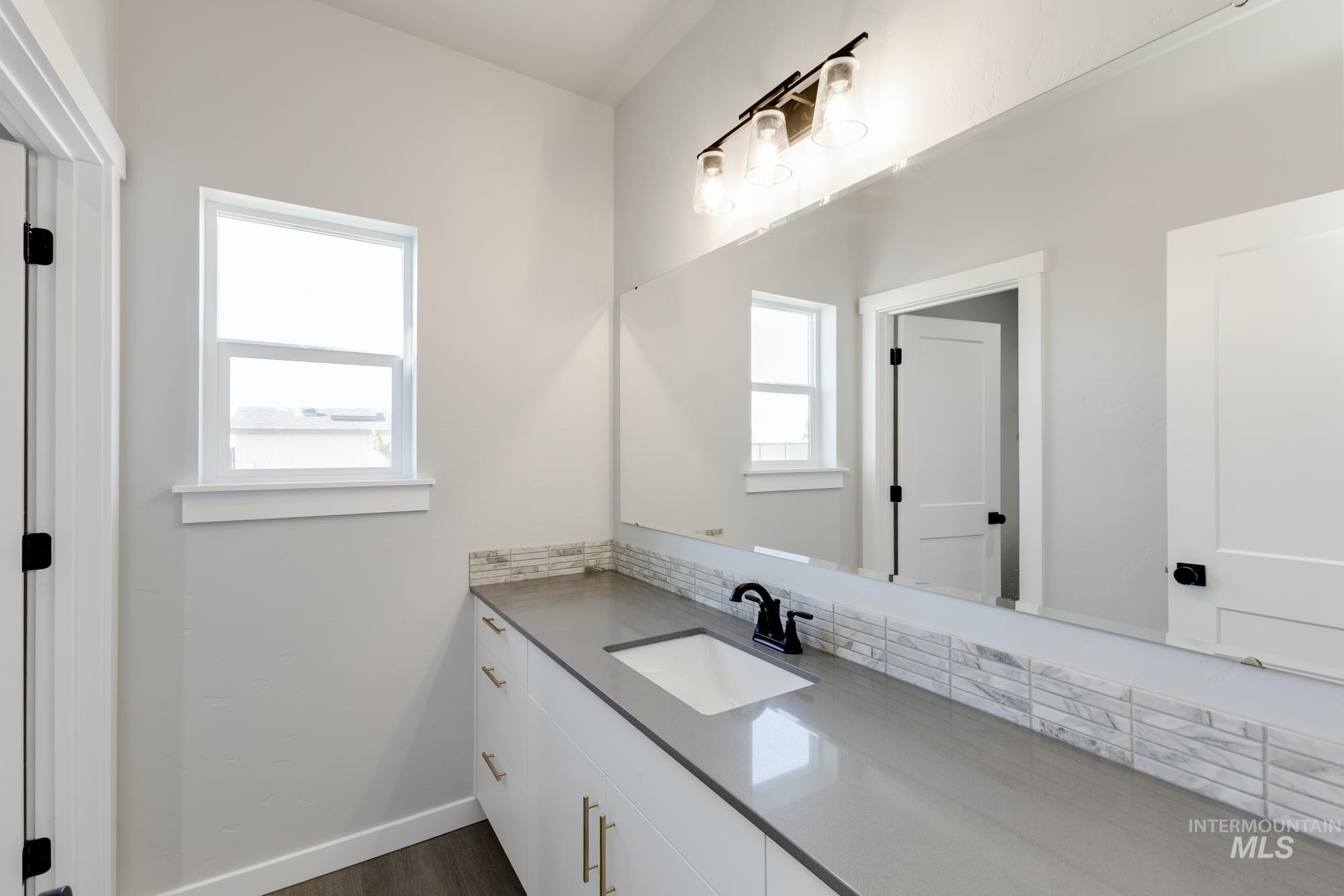 Bathroom with vanity, tasteful backsplash, and dark wood-type flooring