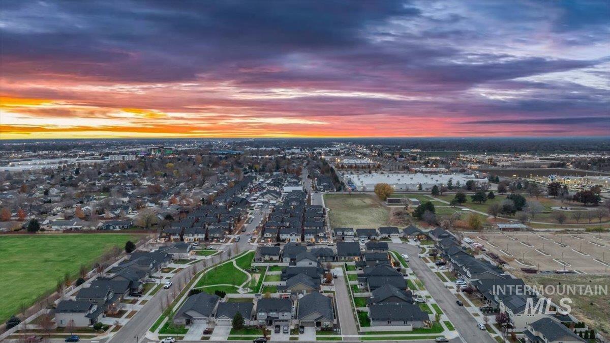 Aerial view at dusk of a residential view