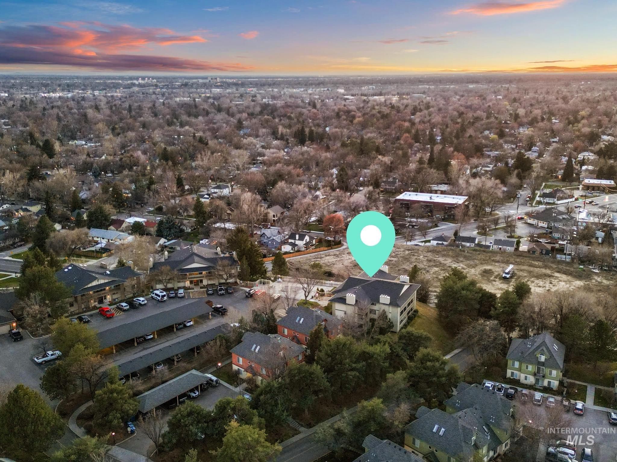 Aerial view at dusk of a residential view