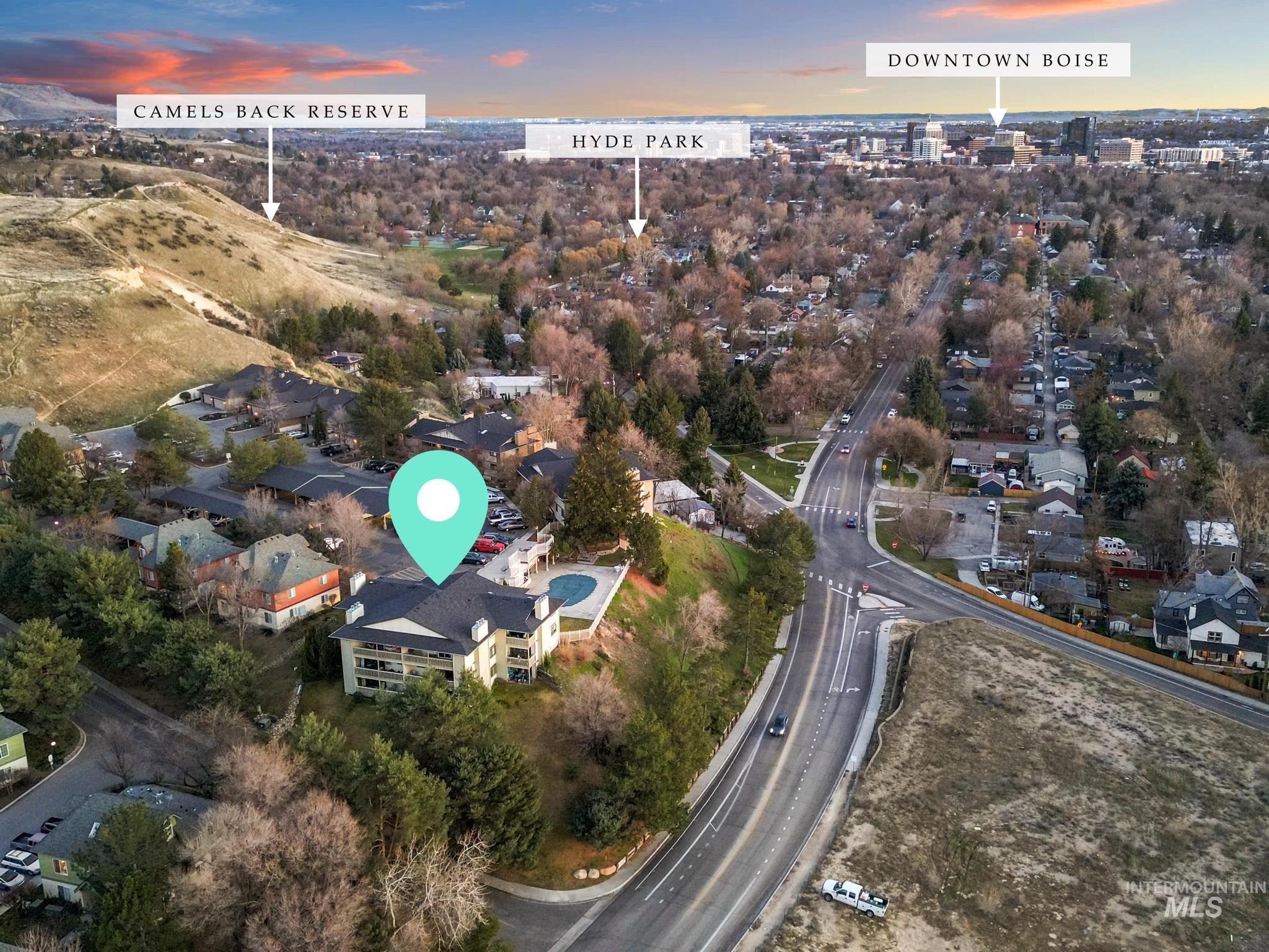 Aerial view at dusk of a residential view