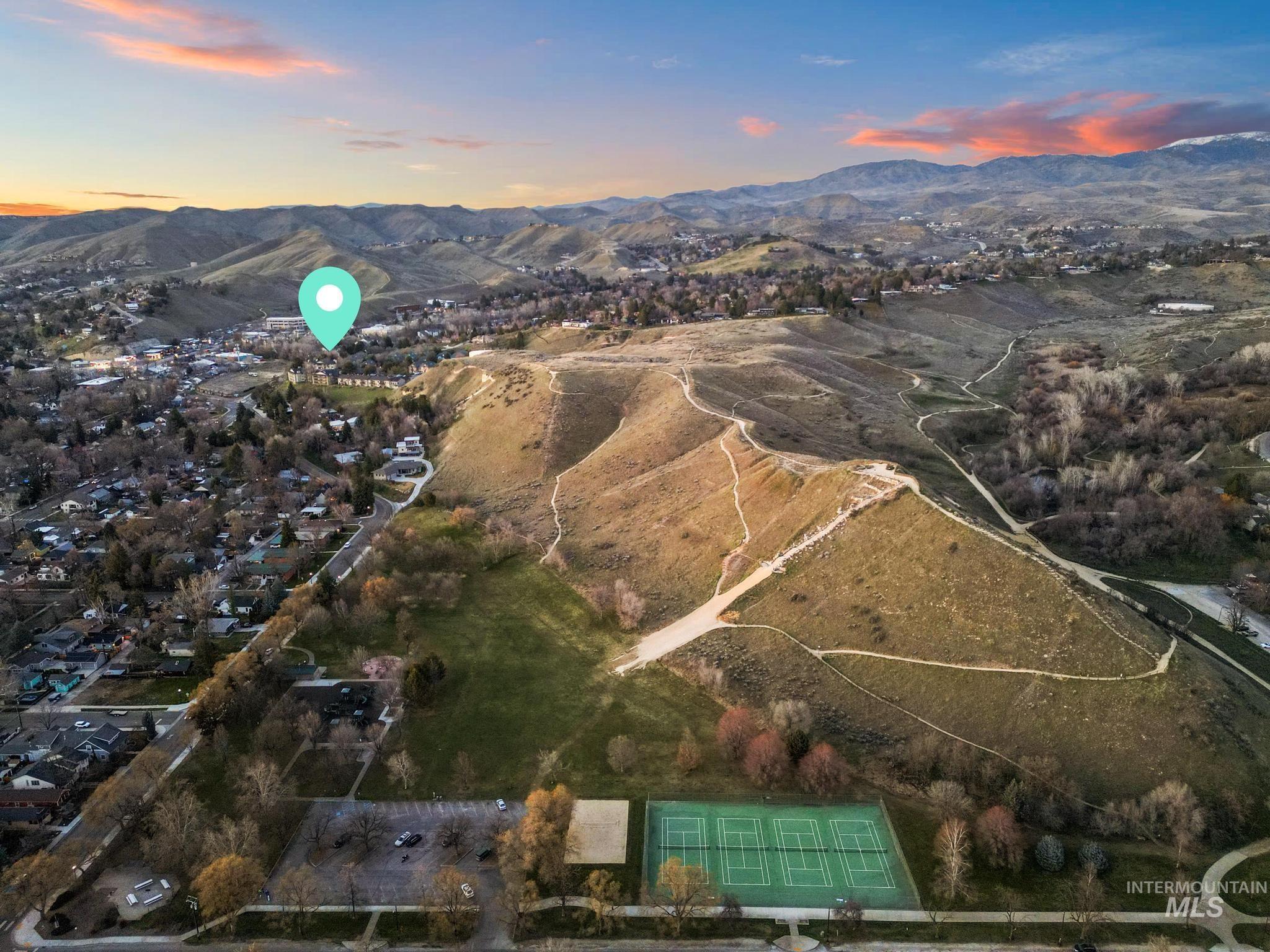 Aerial view at dusk of a mountain view
