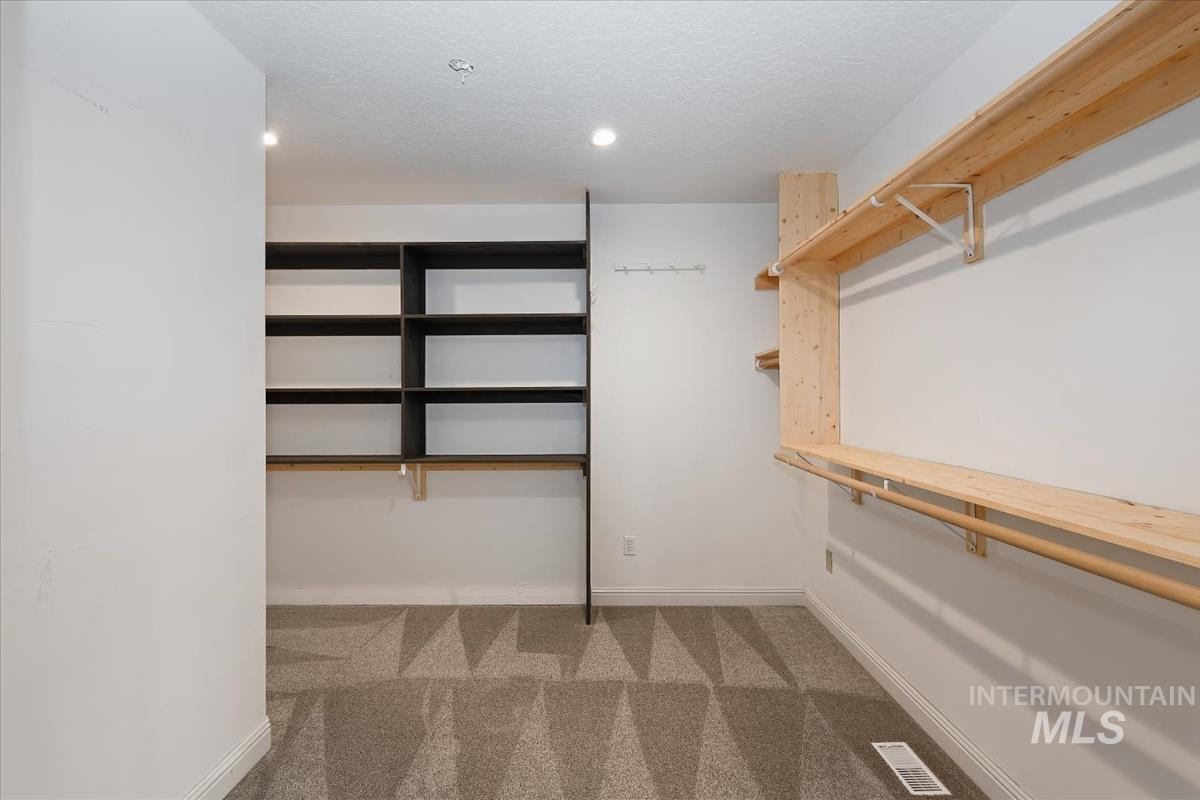Walk in closet featuring light carpet