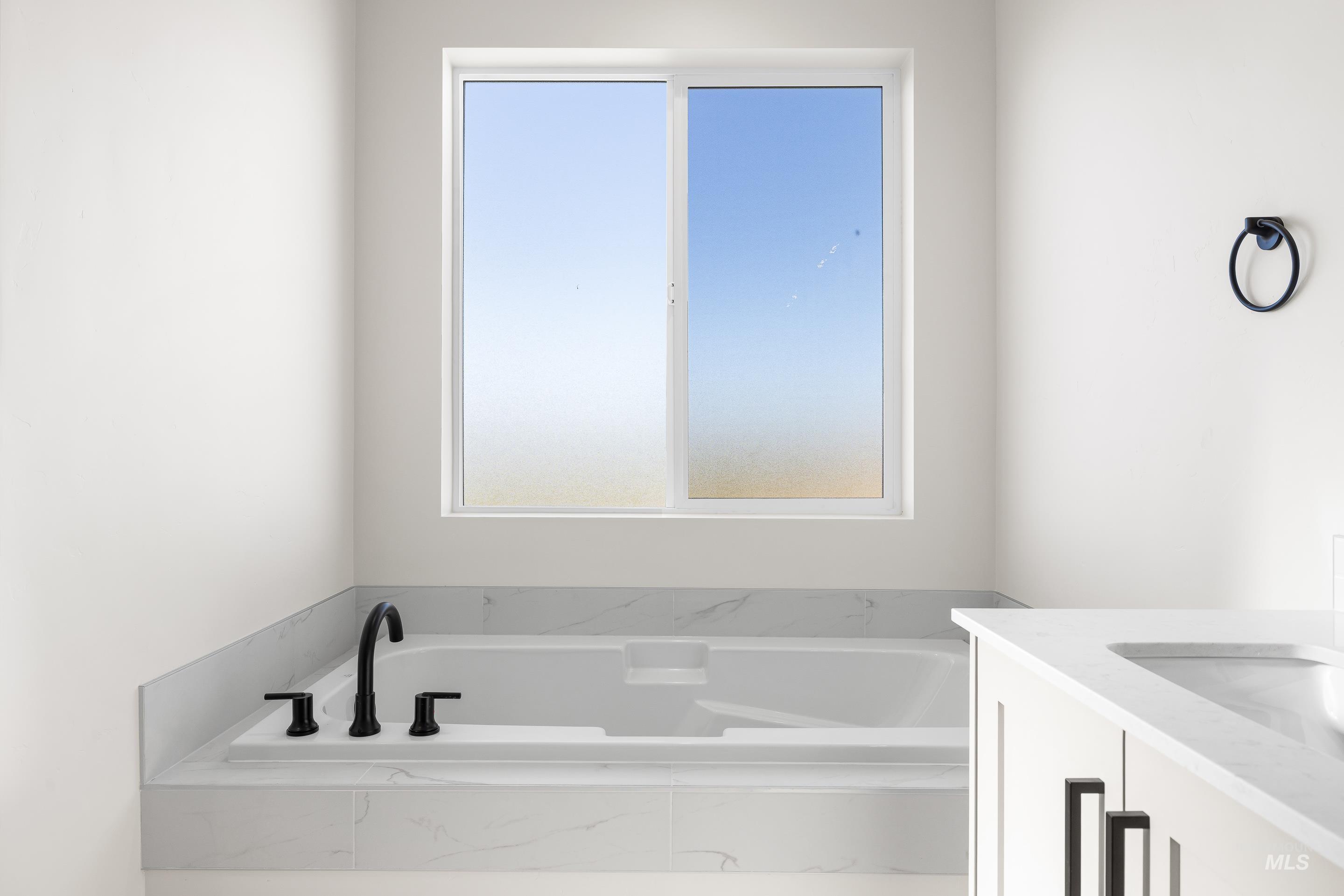 Full bath featuring vanity and a garden tub