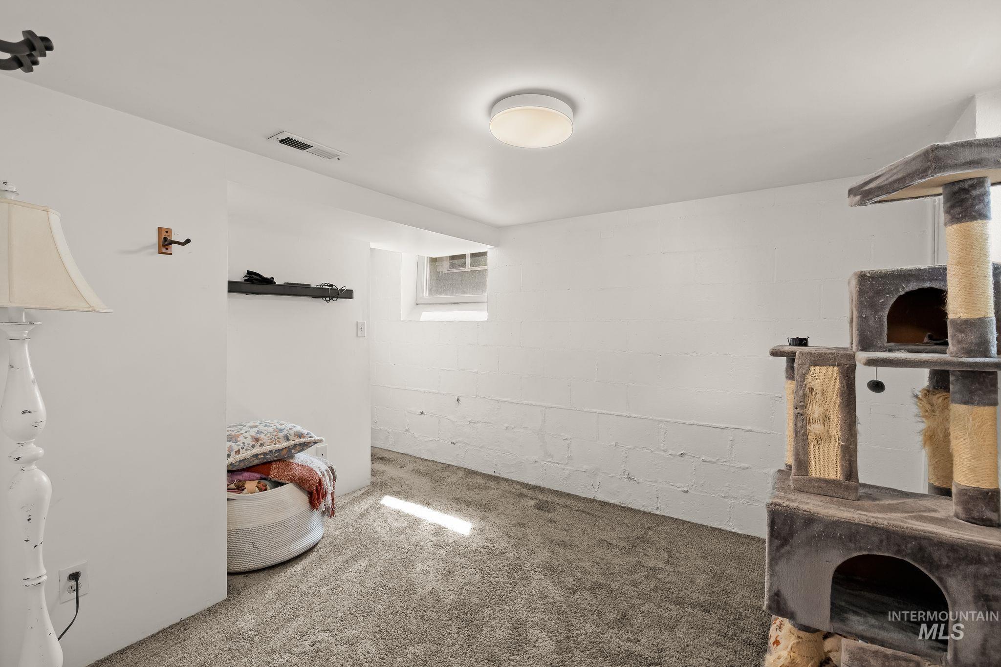 Carpeted room featuring white painted walls and a flush-mount ceiling light fixture