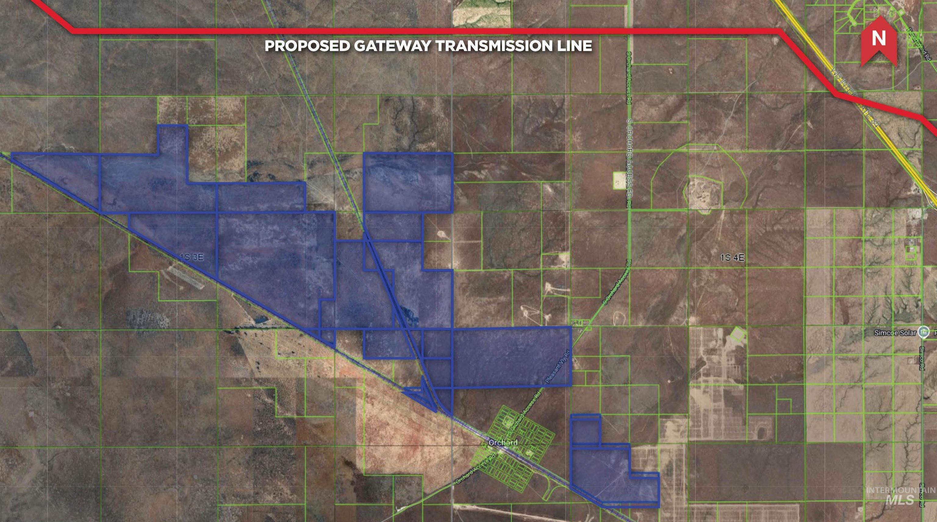 Aerial map of property and surrounding area featuring property boundaries highlighted