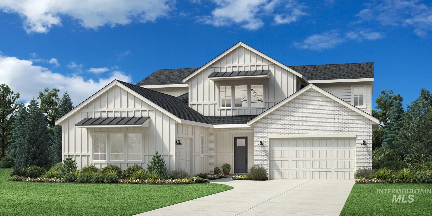 Modern farmhouse exterior featuring board and batten siding, white brick accents, dark roof shingles, an attached two-car garage, and a covered entry