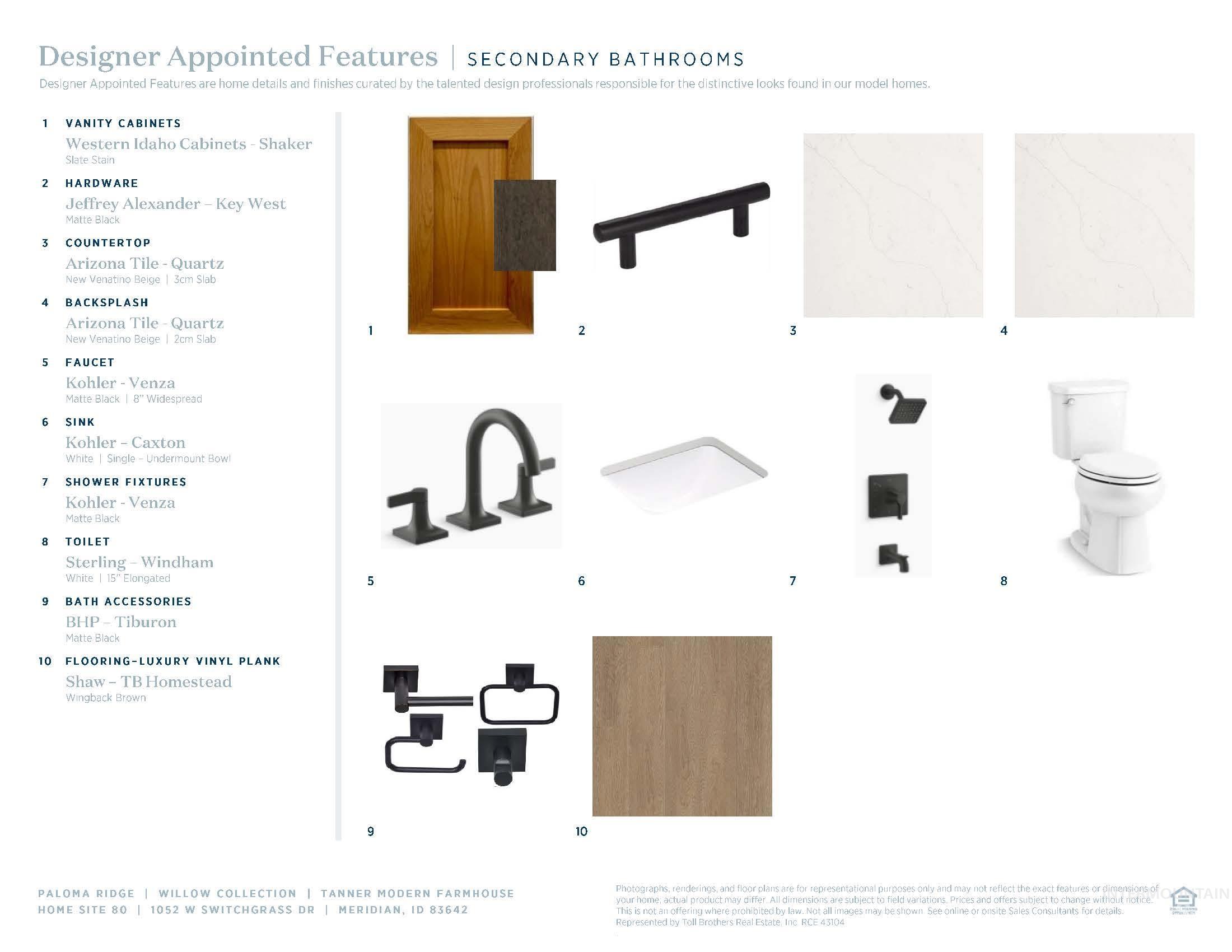 Designer Appointed Features. Detailing specifications for secondary bathrooms within the property