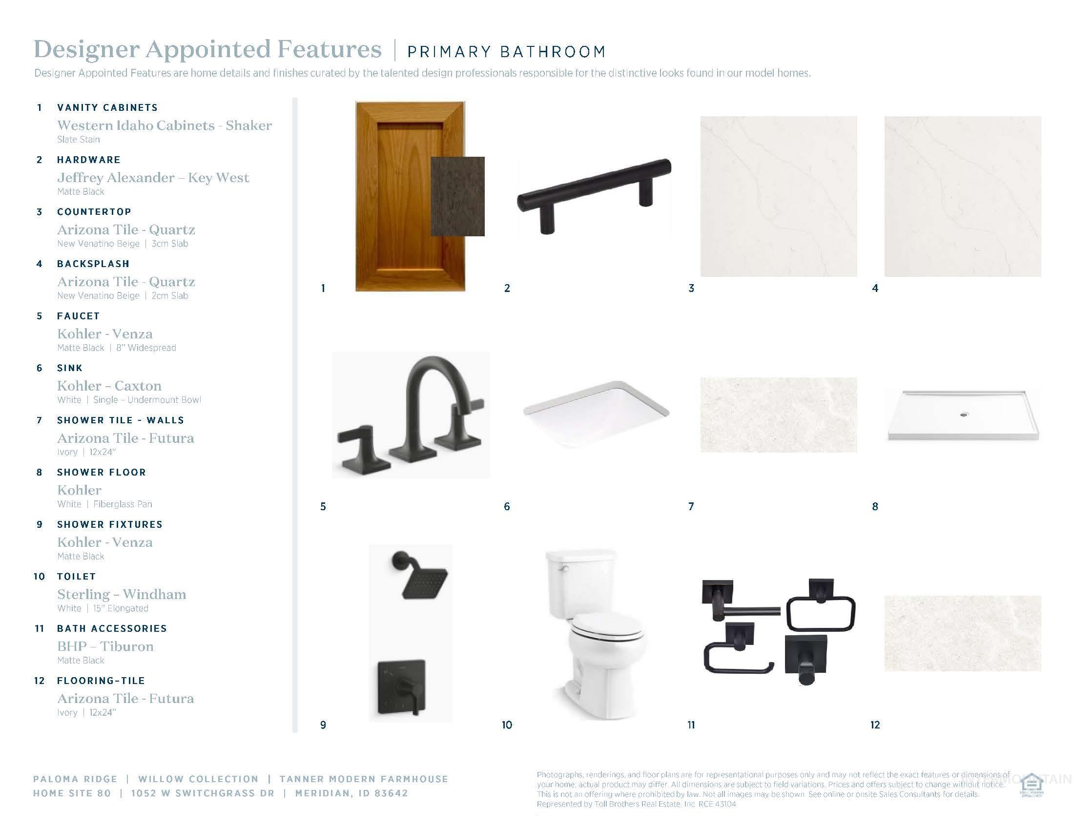 Designer Appointed Features, Primary Bathroom. Detailing specifications for fixtures and finishes within the property's primary bathroom