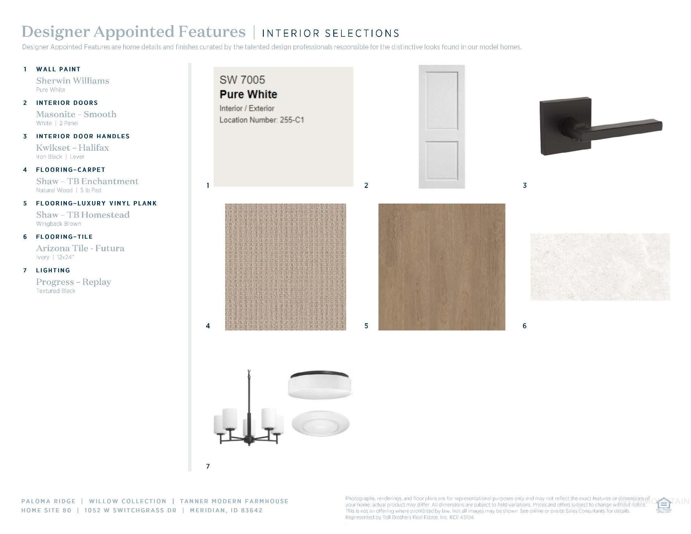 Interior Selections Document. Displaying specific property finishes and material selections
