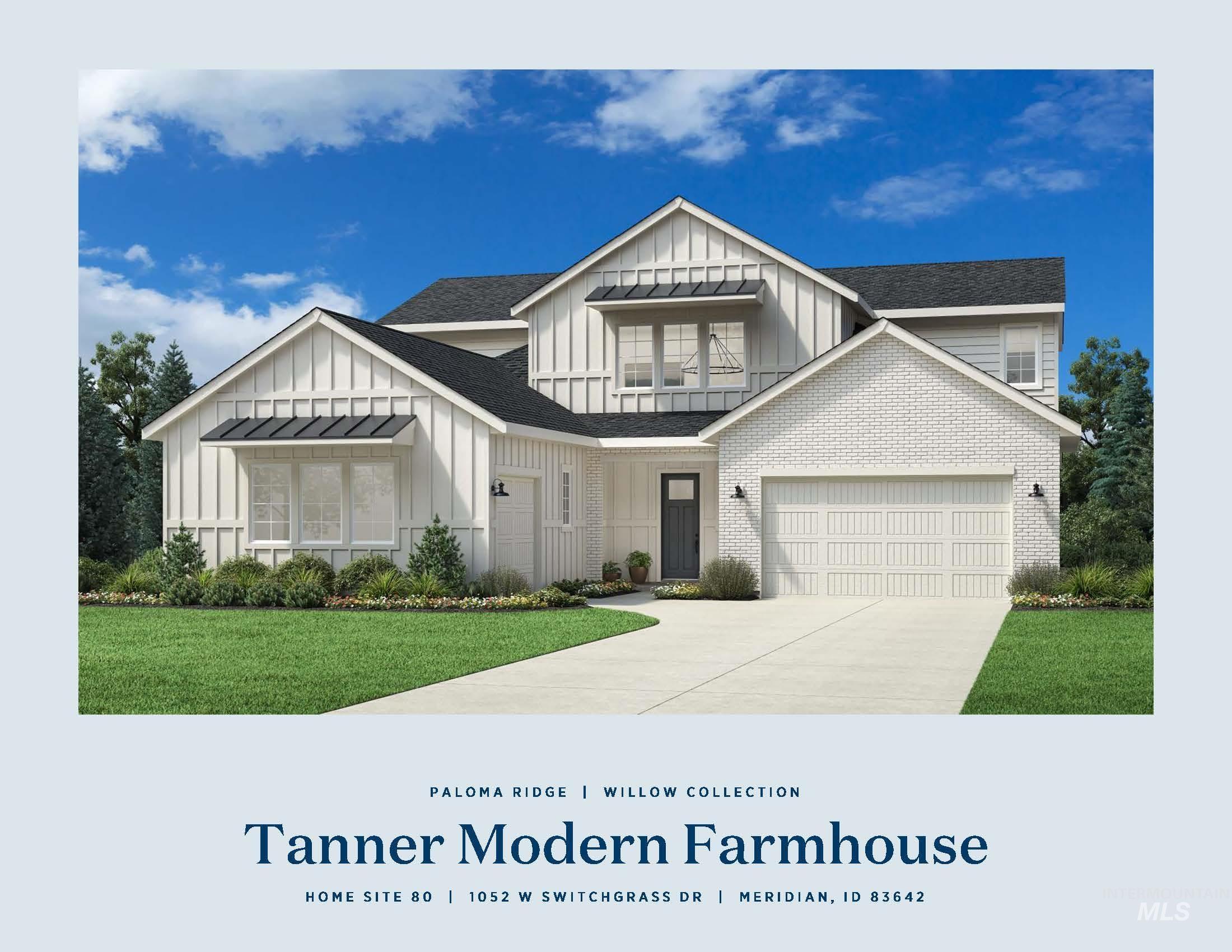 Modern Farmhouse exterior featuring white board-and-batten siding and white brick accents