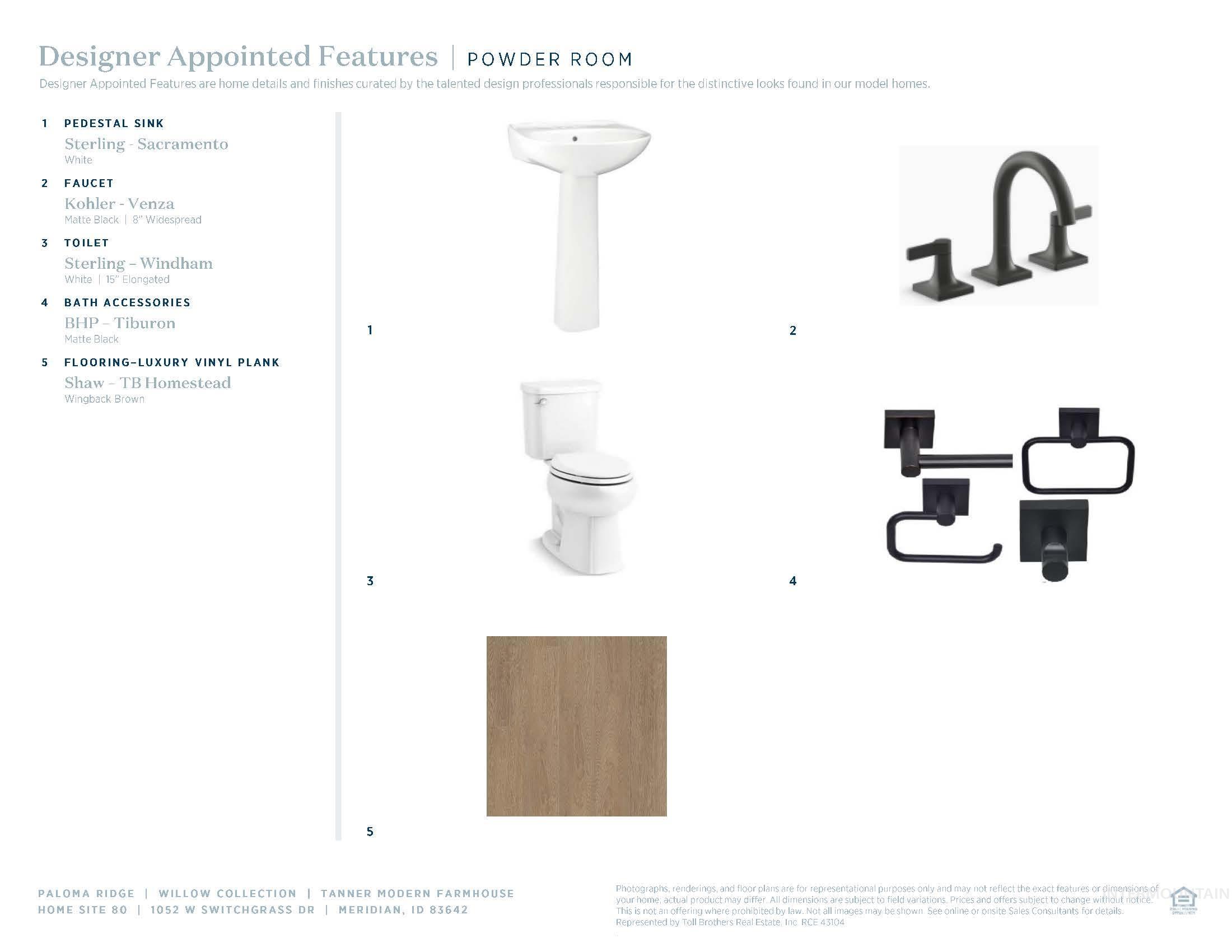 Designer Appointed Features. Detailing specifications for the powder room fixtures and flooring
