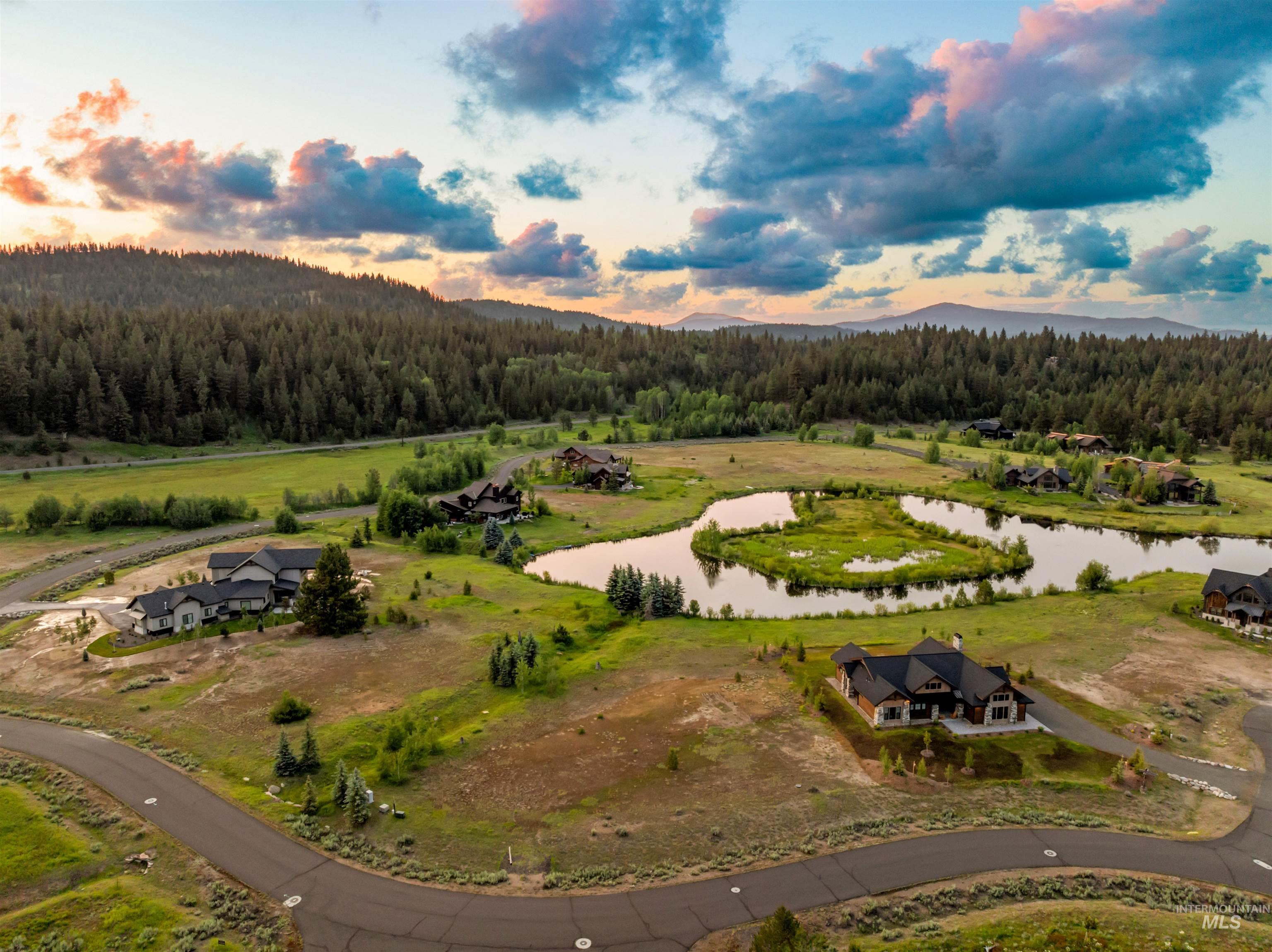 Bird's eye view of a heavily wooded area and a nearby body of water