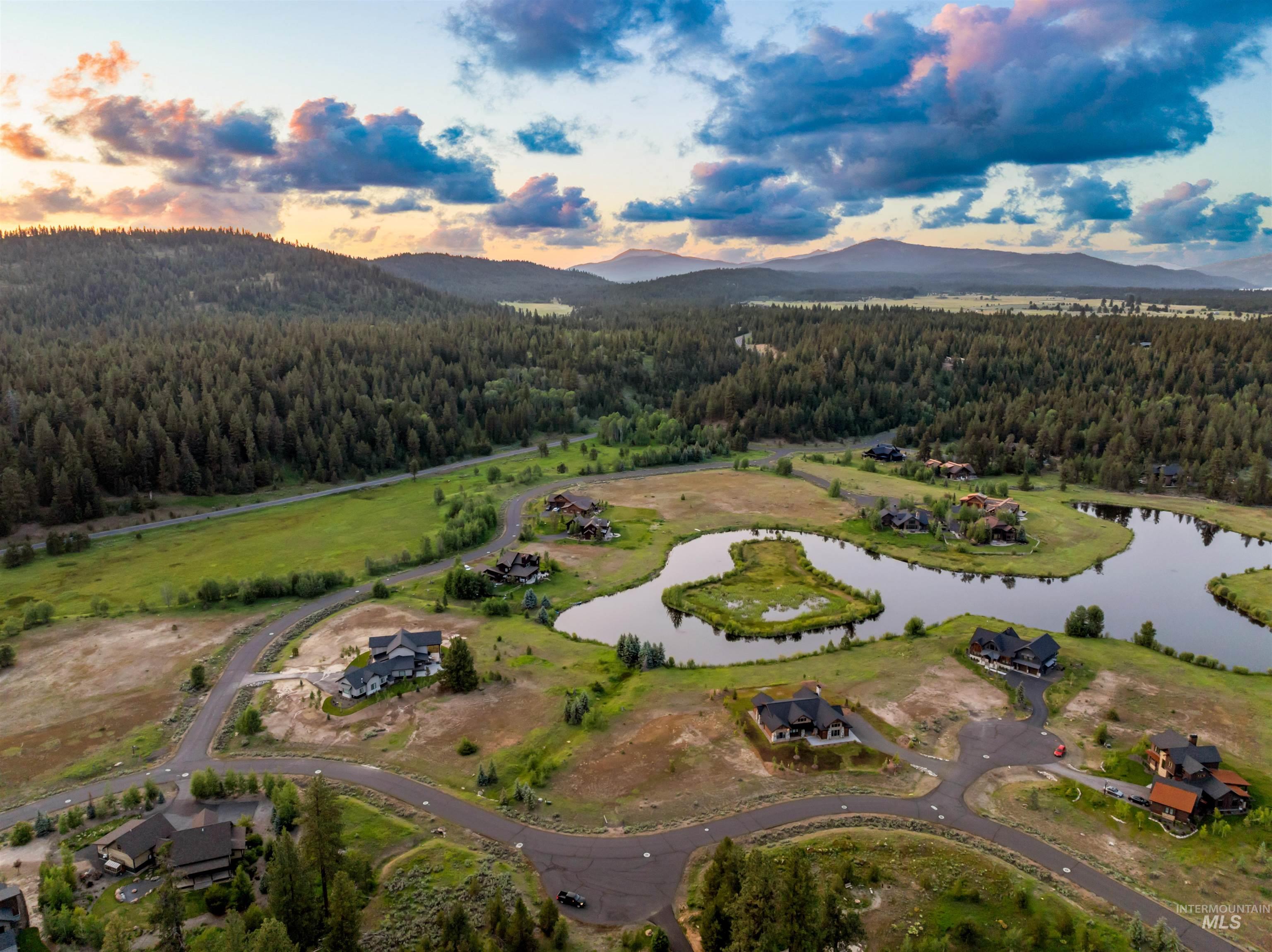 Aerial view at dusk of a view of trees and a water and mountain view