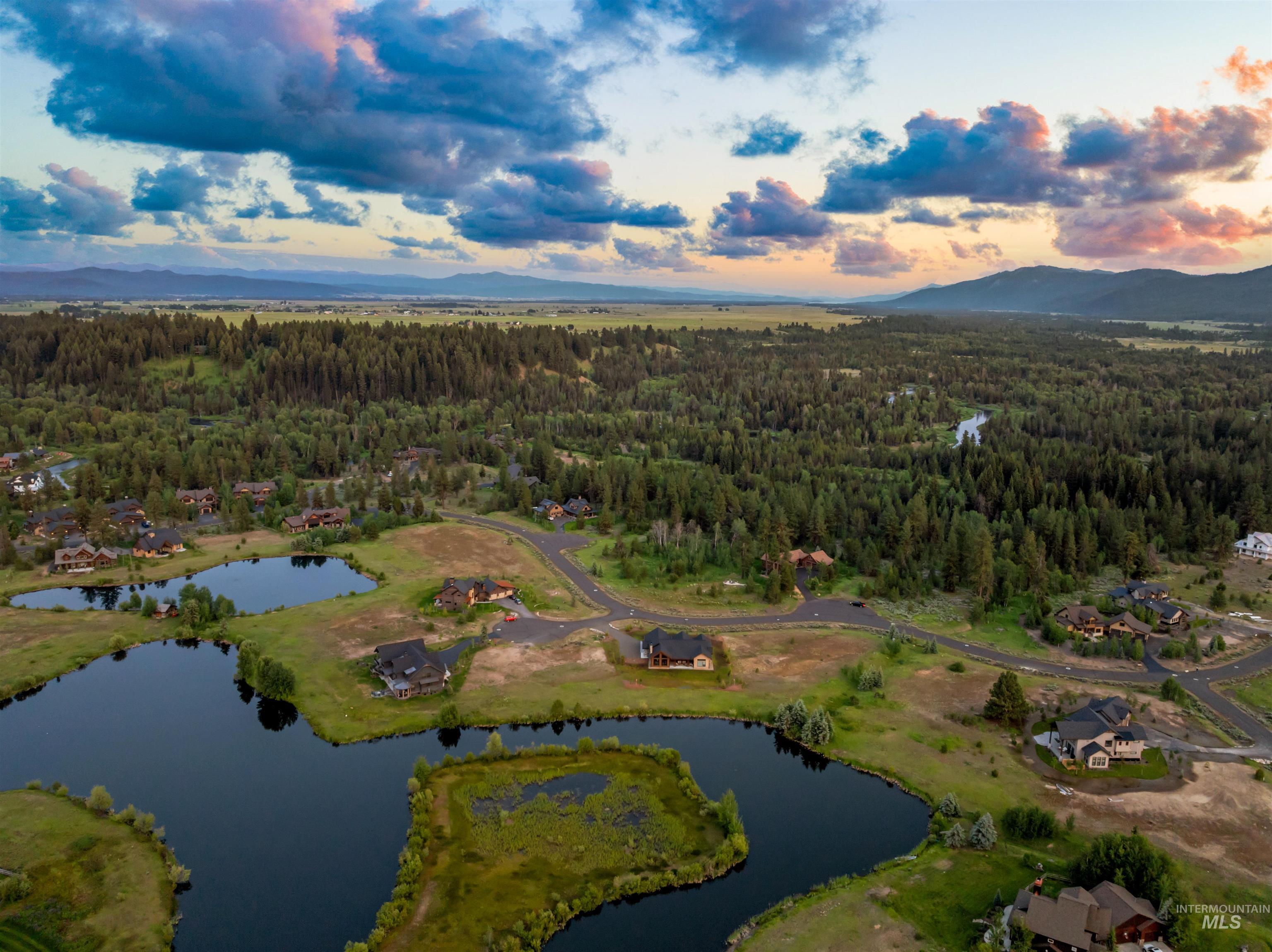 Aerial view of property and surrounding area featuring a forest and a water and mountain view