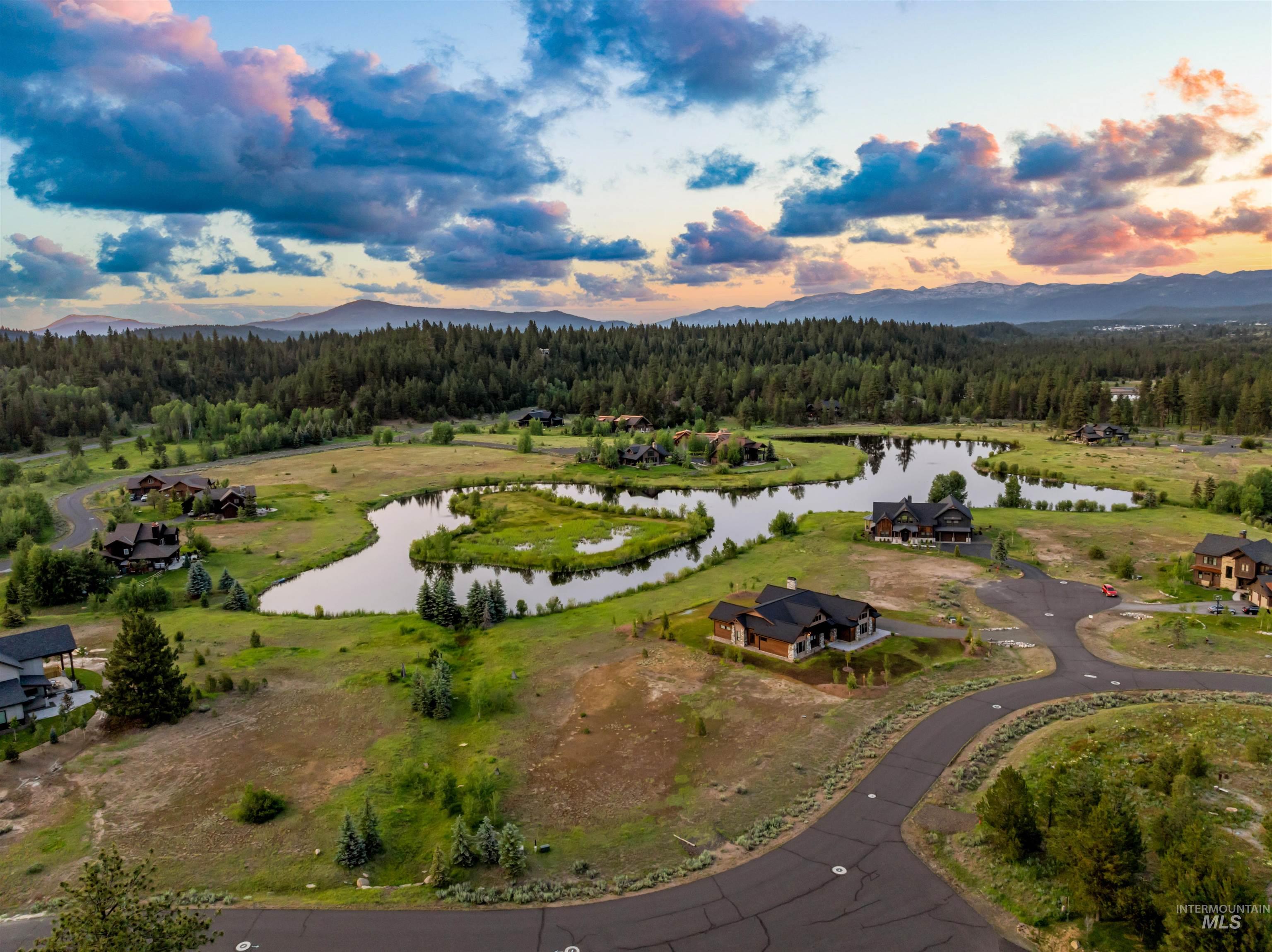Aerial view at dusk of a forest view and a water and mountain view