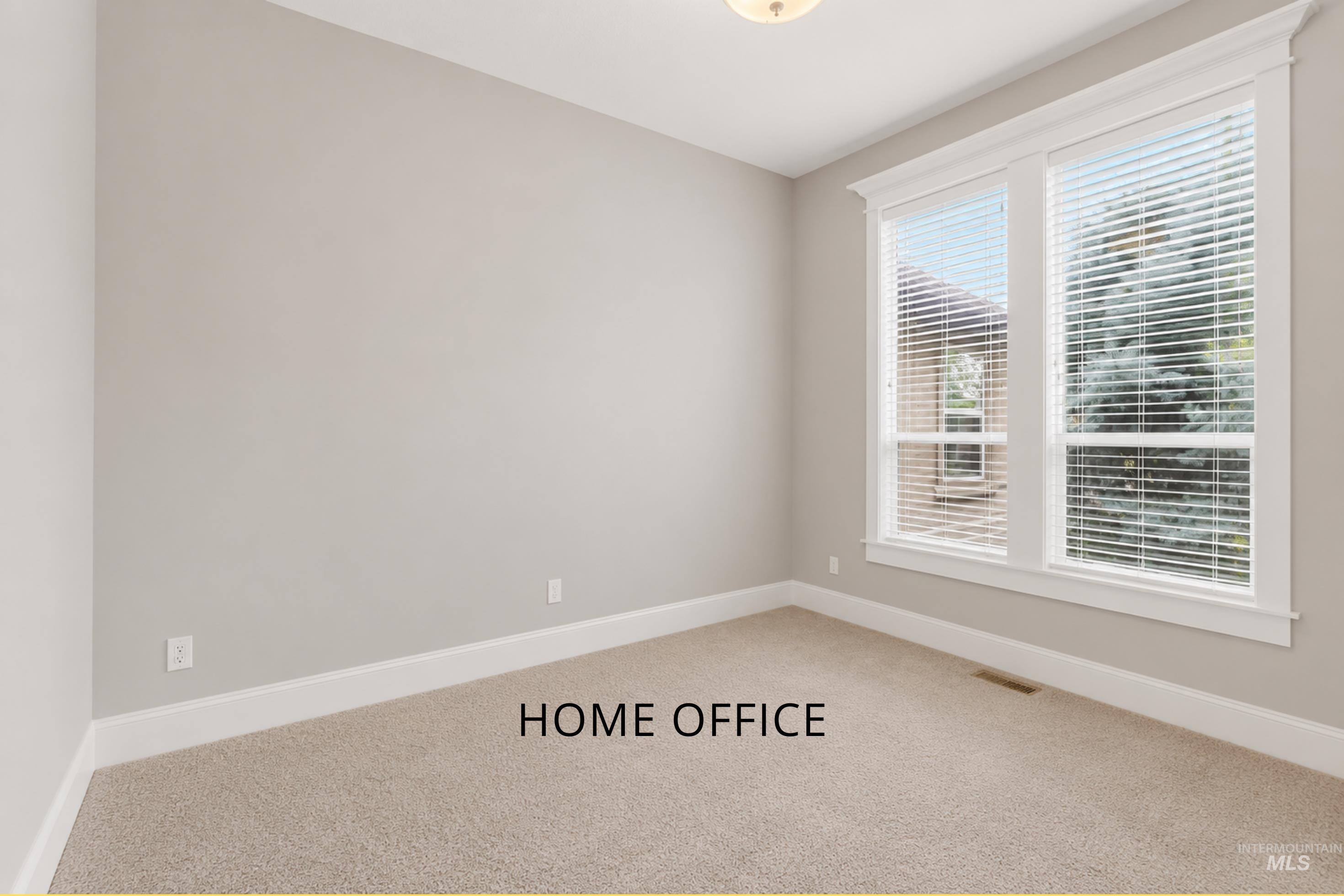 Bright room featuring neutral-toned carpet and walls, white trim, and a prominent double window with blinds