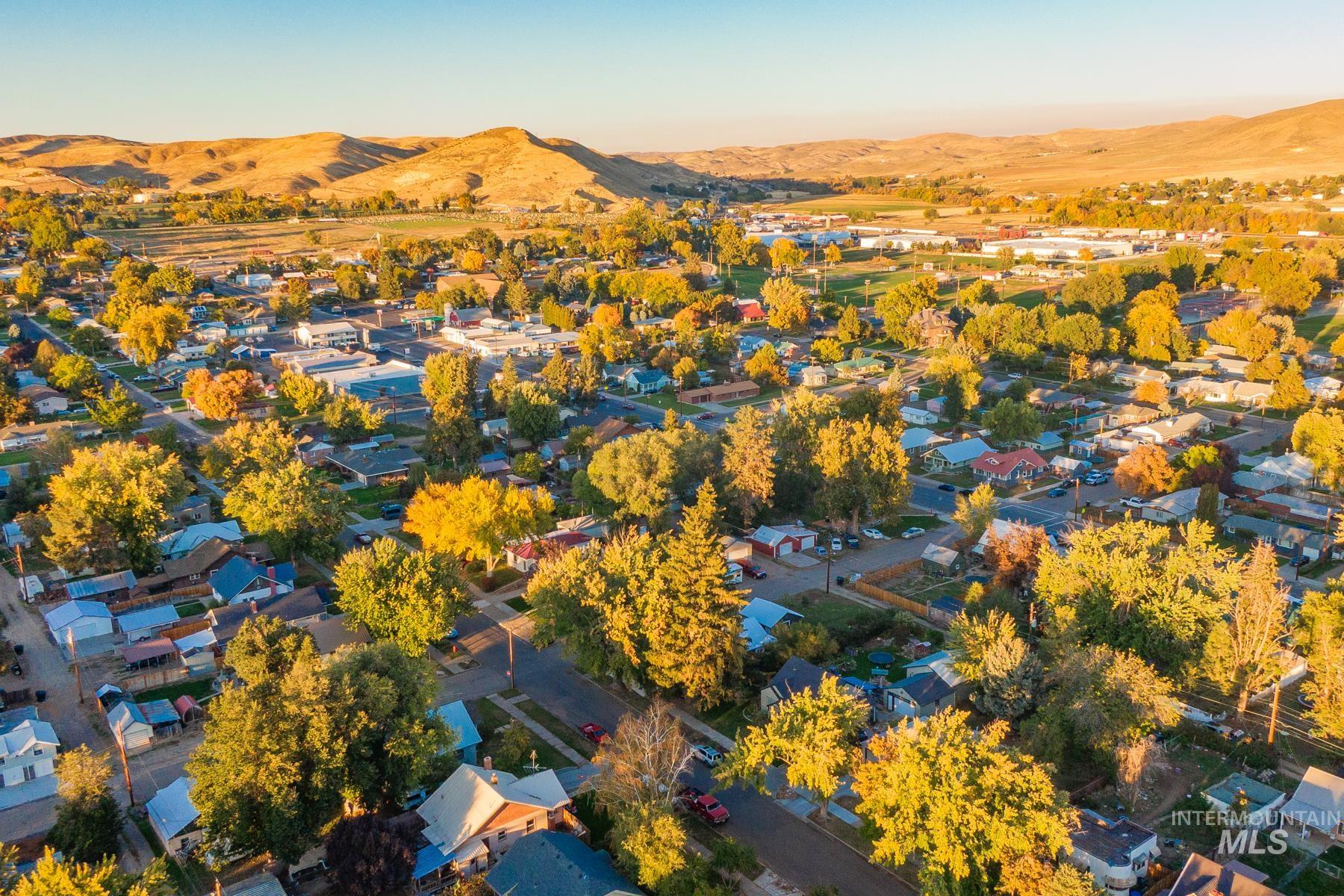 Aerial view of residential area featuring a mountain backdrop