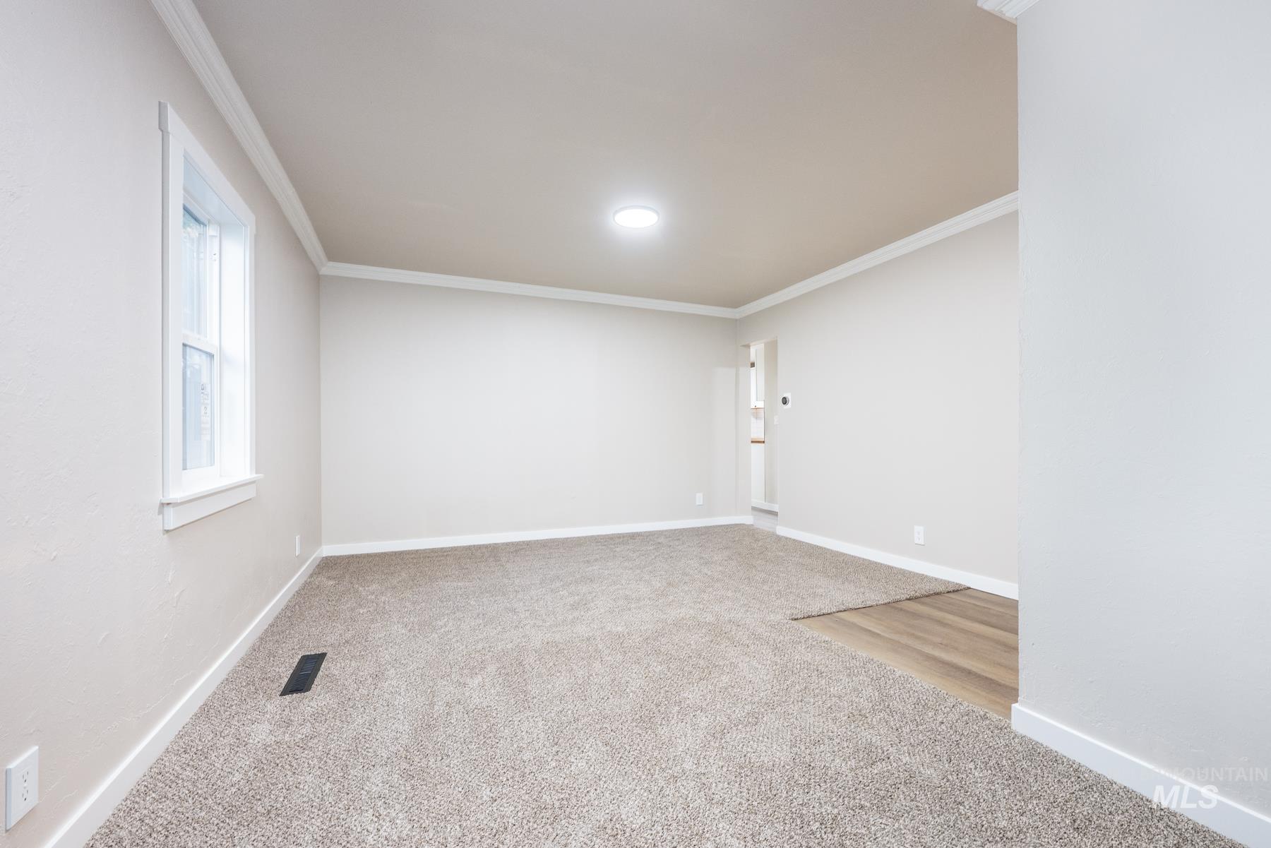 Room featuring crown molding and light colored carpet