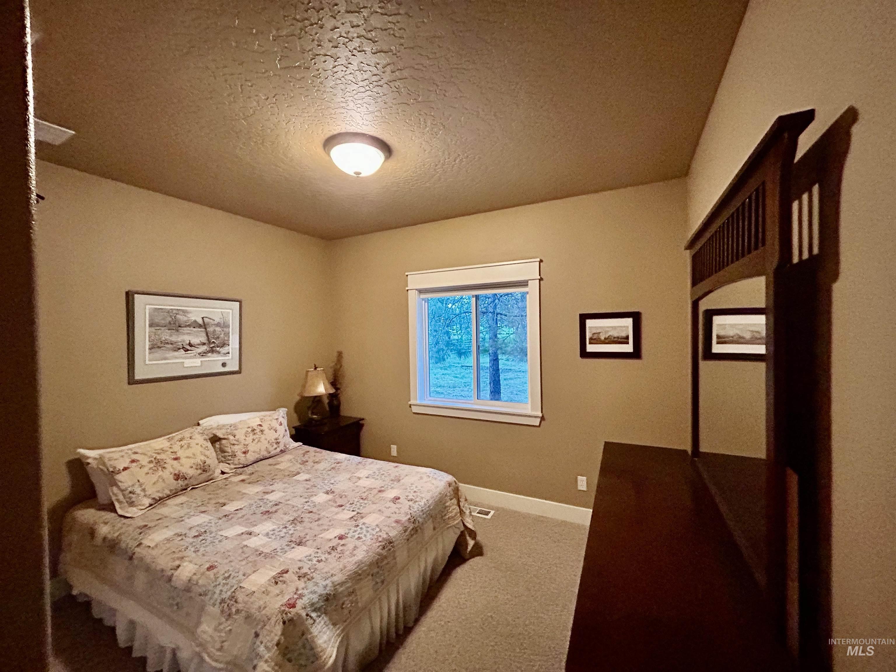 Bedroom featuring carpet and a textured ceiling